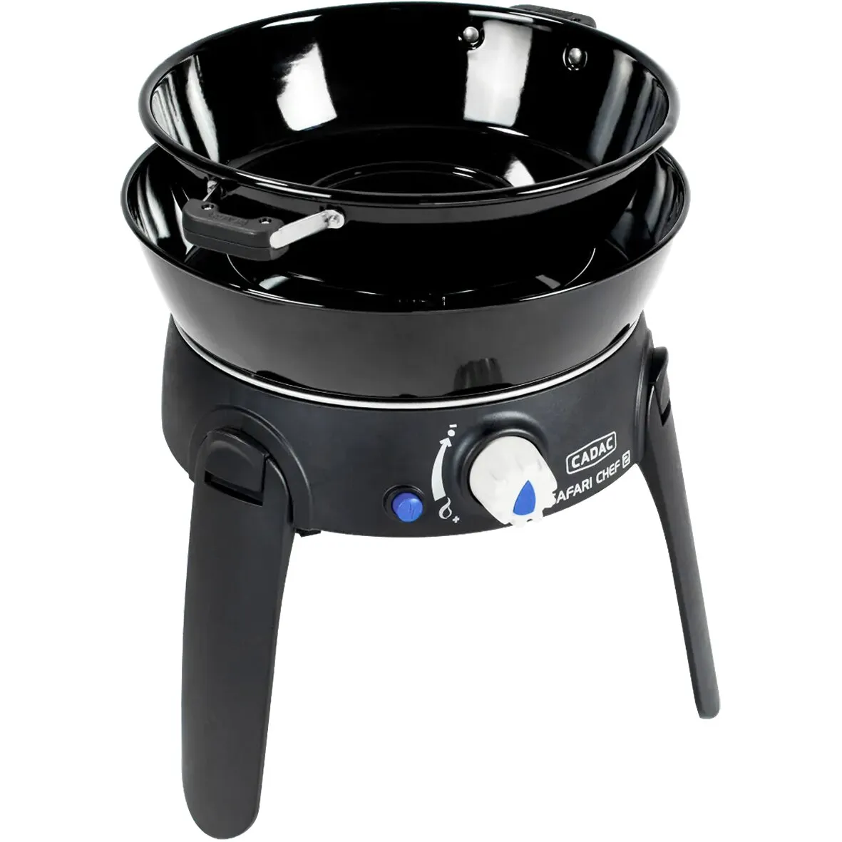 Schwarzer tragbarer Gasgrill CADAC Safari Chef 30 mit rundem Grillrost, drei Standbeinen und Drehregler, 50 mbar