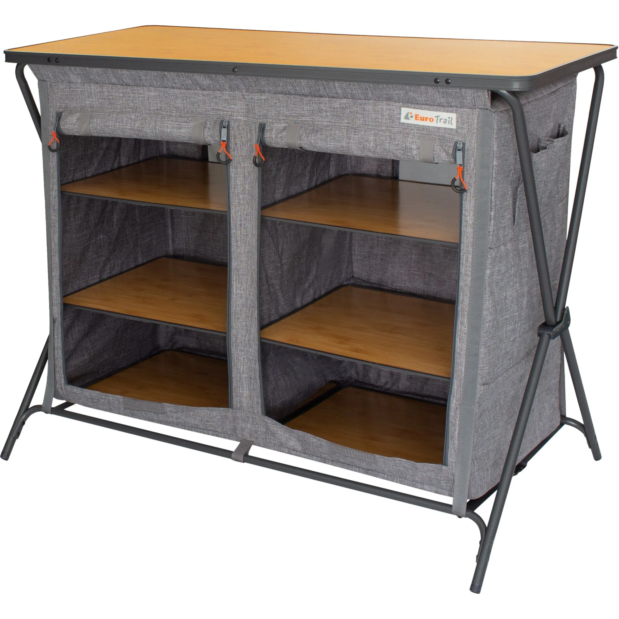 Dunkelgrauer Campingschrank Nova von Forano mit zwei Fächern, Holzböden und klappbarem Rahmen aus Metall