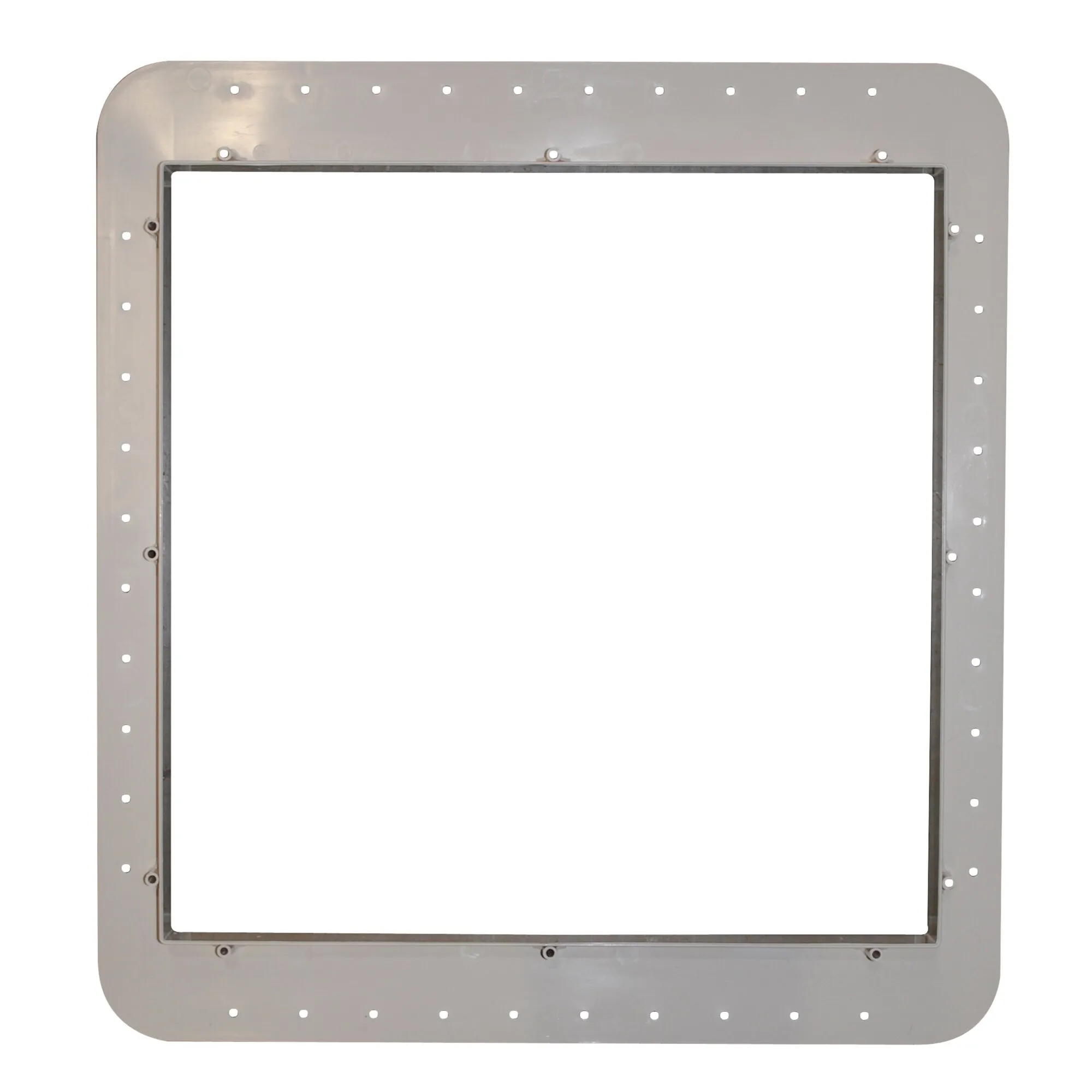 Cremeweißer rechteckiger Montagerahmen mit abgerundeten Ecken, zentraler Öffnung und umlaufenden Befestigungsbohrungen, 60 x 43 mm