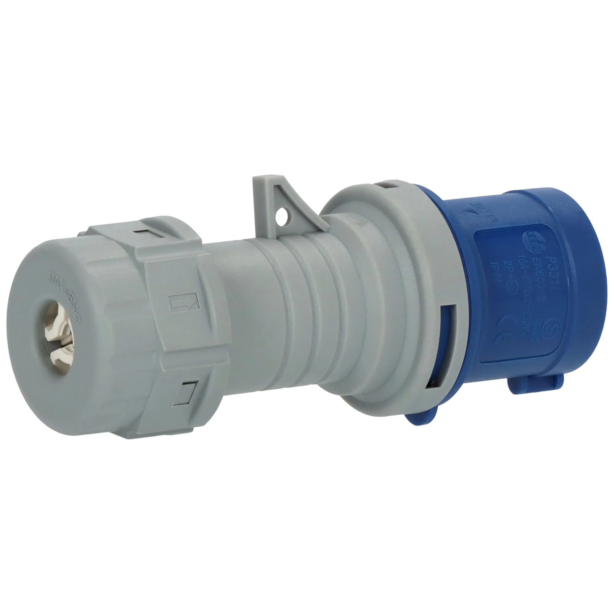 Grauer CEE-Stecker 230 V/16 A mit blauem Anschlussgehäuse, Schutzkontakt und seitlicher Befestigungsöse in Seitenansicht