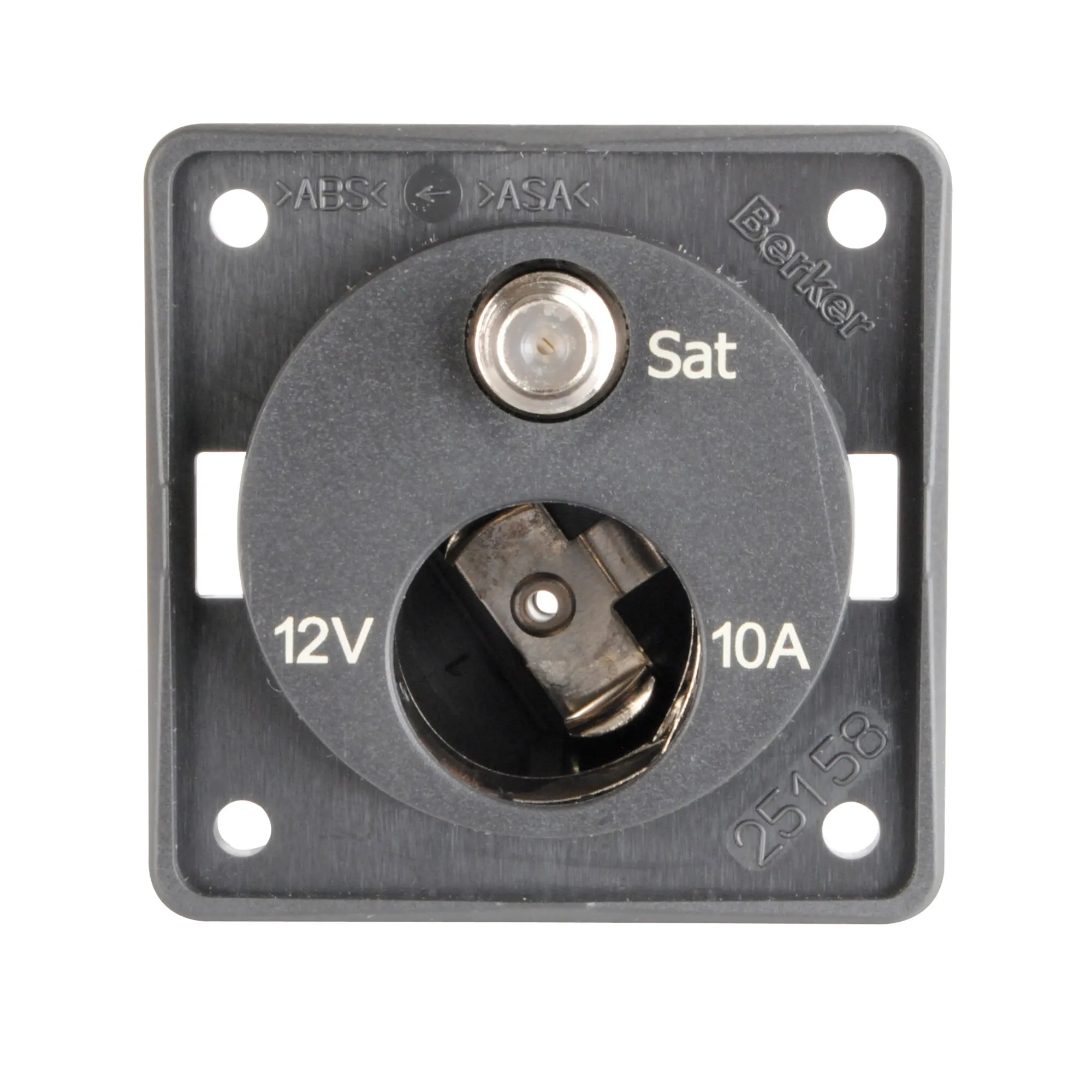 Anthrazitfarbene 12-V- und SAT-Steckdose mit runder Metallbuchse, Beschriftung 12V und 10A sowie vier Befestigungsöffnungen