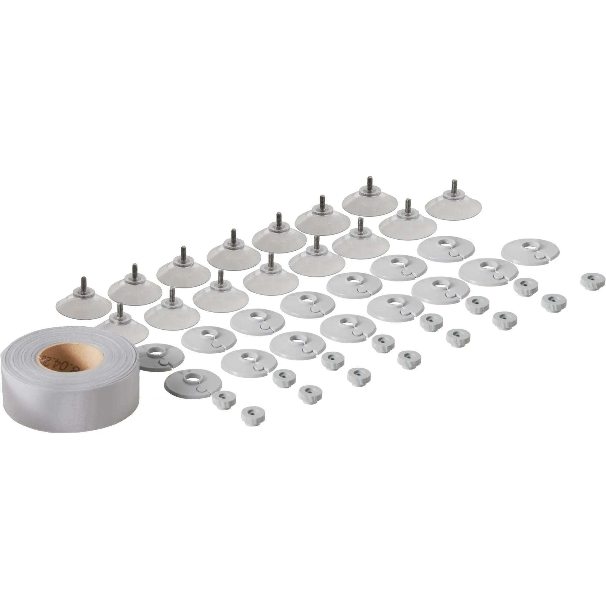 Thermofolien-Set mit transparenter Folienrolle sowie zahlreichen weißen Befestigungsscheiben, Gewindestiften und Rändelmuttern