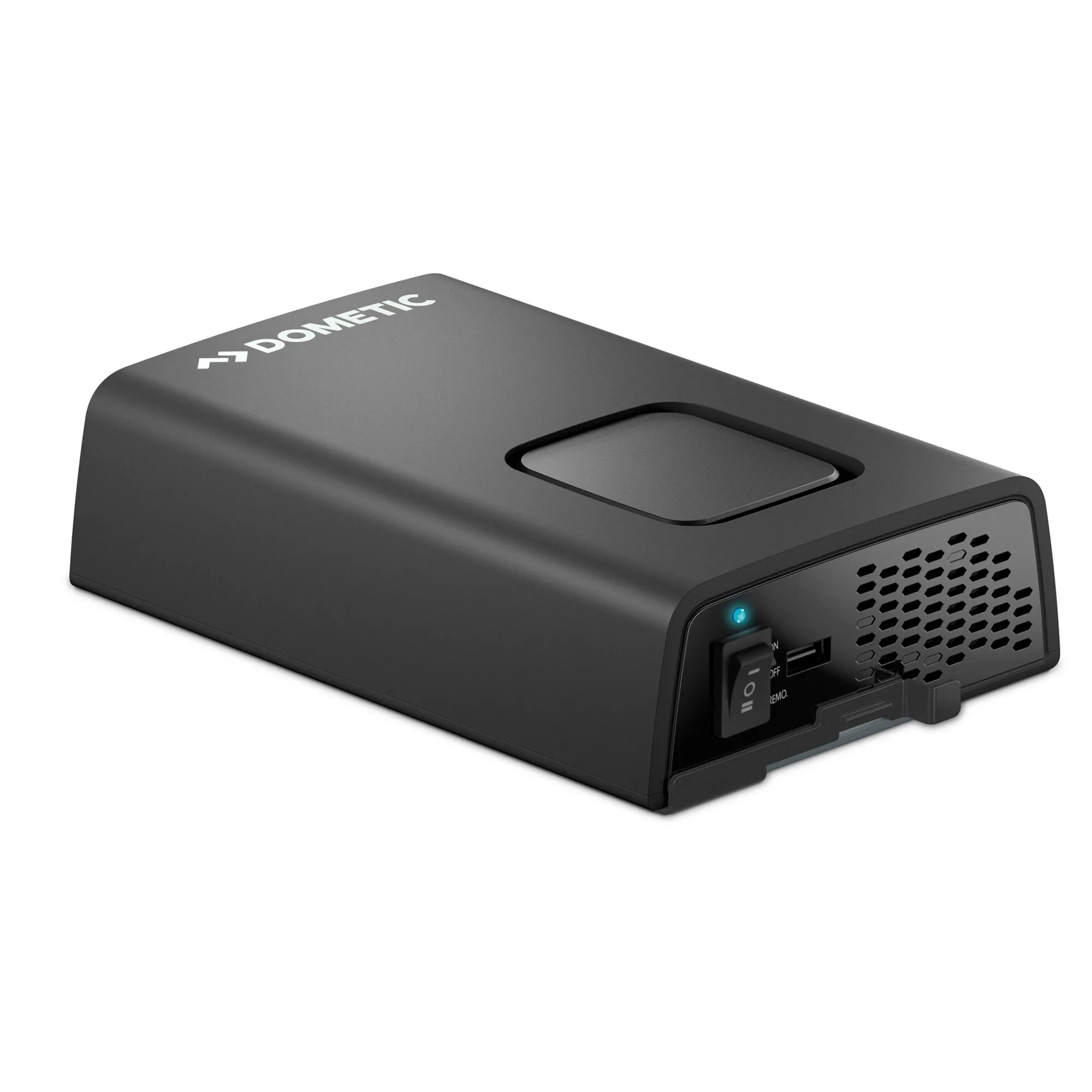 Schwarzer Dometic SinePower DSP 24-V-Sinus-Wechselrichter mit Schalter, Kontrollleuchte, USB-Anschluss und Lüftungsgitter