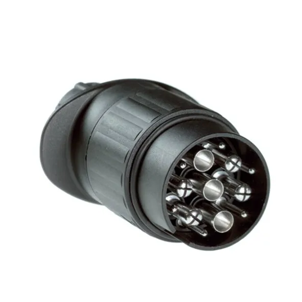 Schwarzer runder Multicon-West-Stecker mit mehreren sichtbaren Metallkontakten in der Frontalansicht