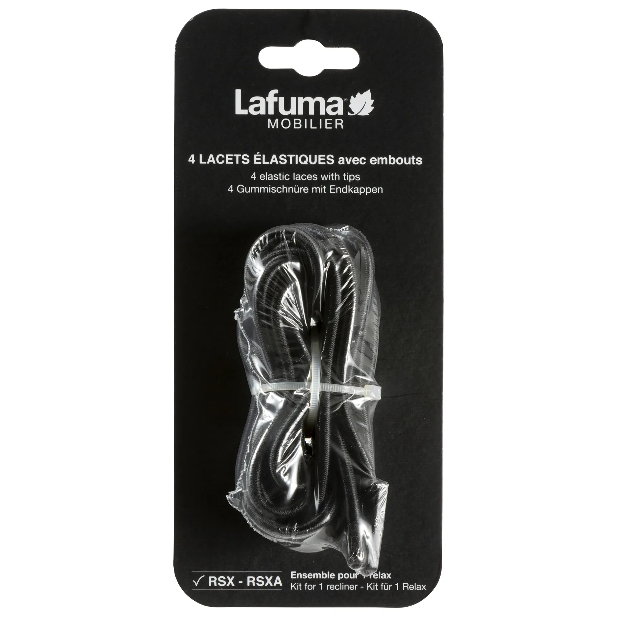 Lafuma Mobilier Gummiband RSC Clip AC, vier schwarze elastische Gummischnüre mit Endkappen in Verpackung