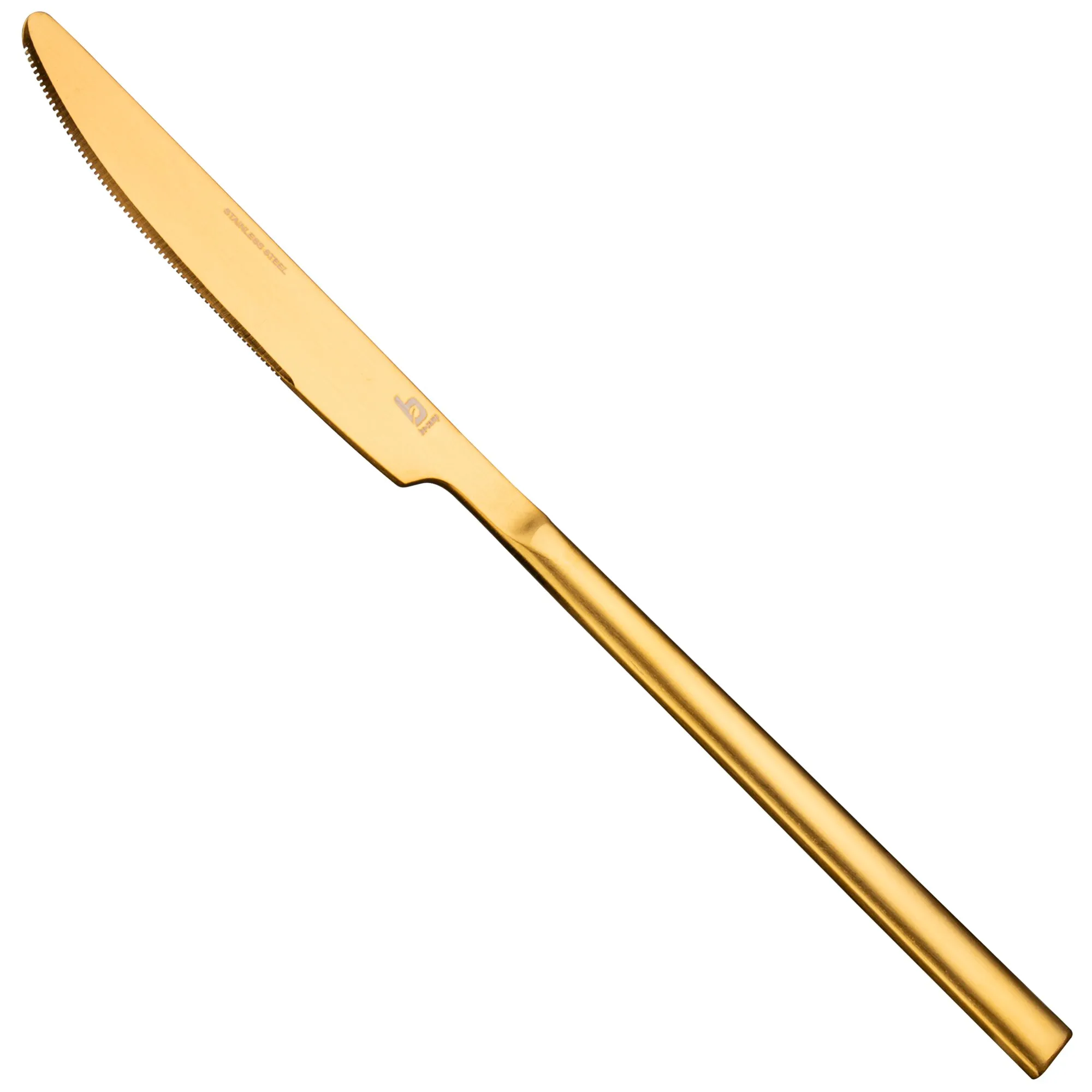 Goldenes Tafelmesser des Besteck-Sets Fairbanks mit schmaler, gezackter Klinge und langem, glattem Griff