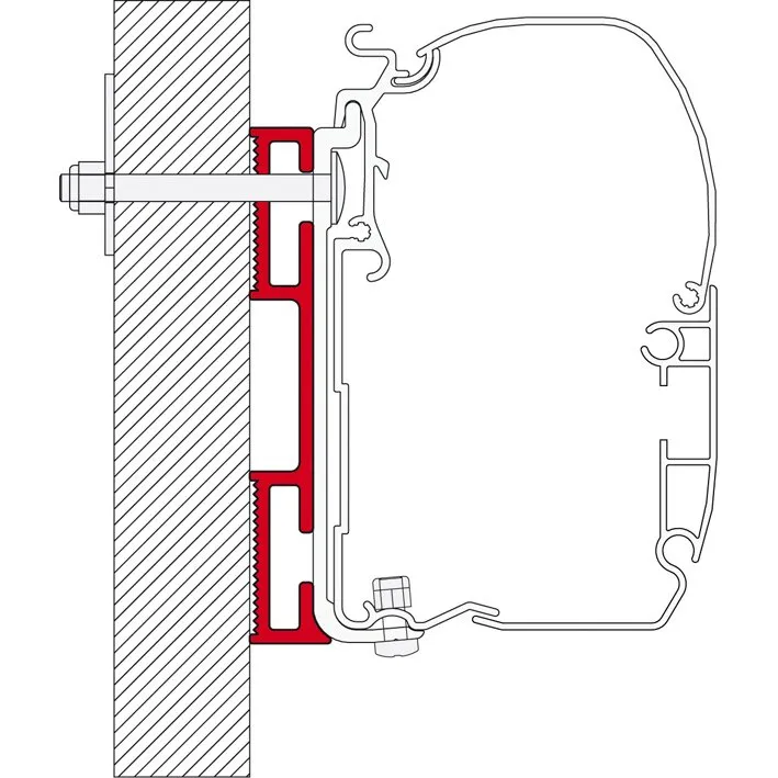 Querschnittzeichnung eines roten Markisenadapters D mit 12 cm Länge zur Befestigung einer Markise an einer Wand