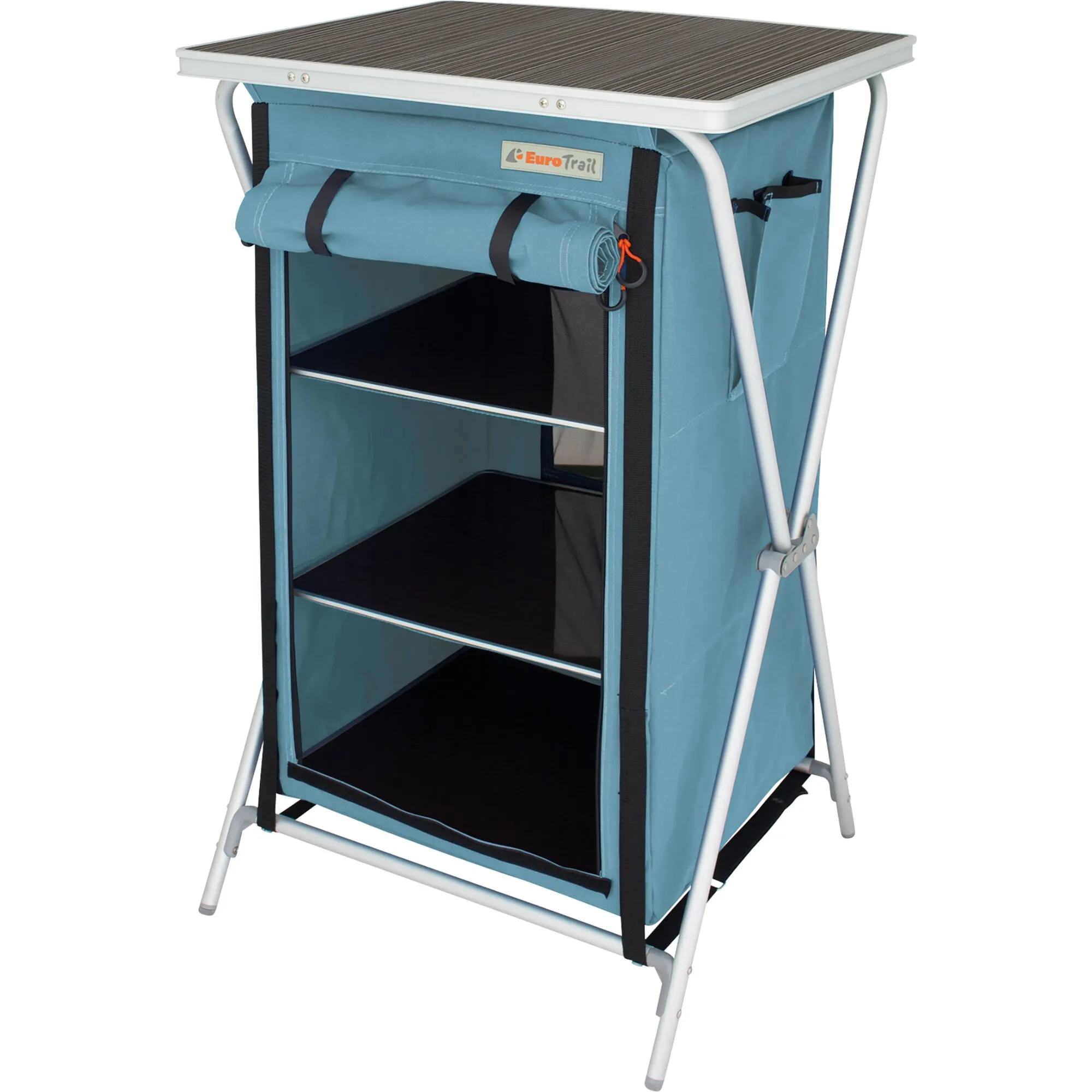 Hellblauer Campingschrank Aubenas mit weißem Aluminiumgestell, drei offenen Fächern und seitlichen Taschen