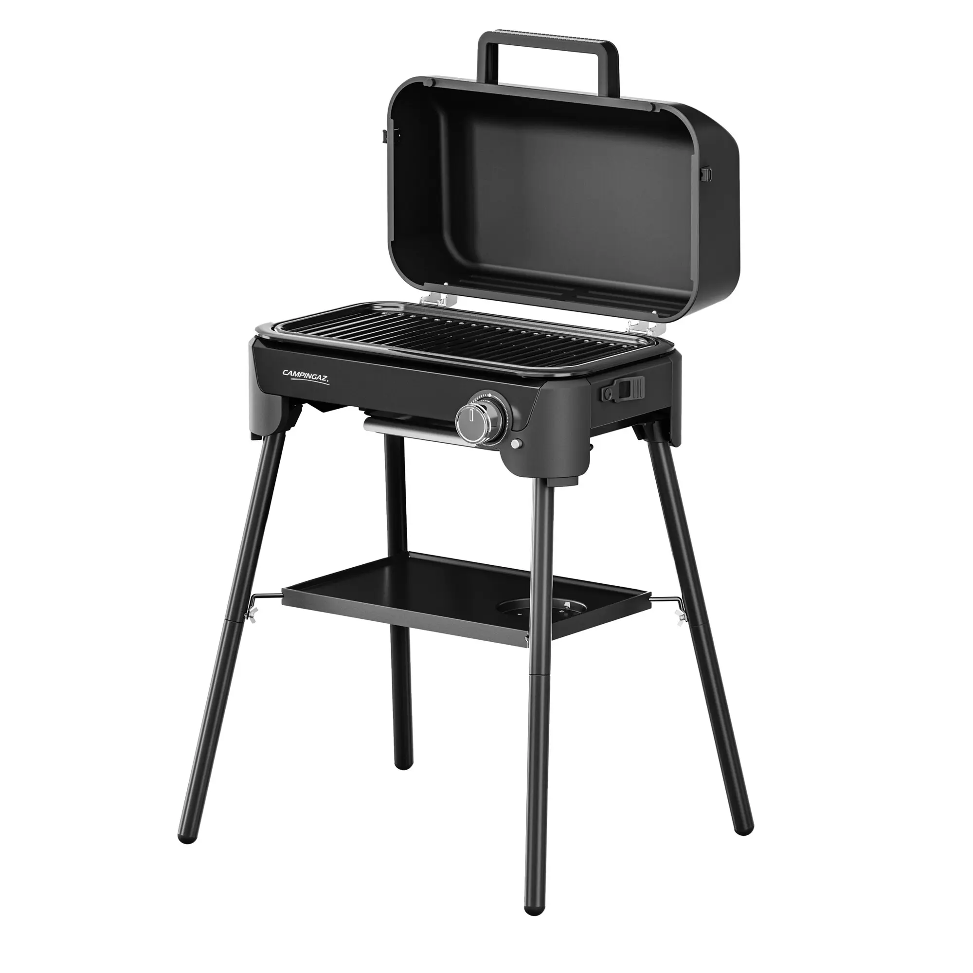Schwarzer Campinggrill Tour & Grill CV Plus mit offenem Deckel, sichtbarem Grillrost, Front-Campingaz-Logo und Ablage auf dem Gestell