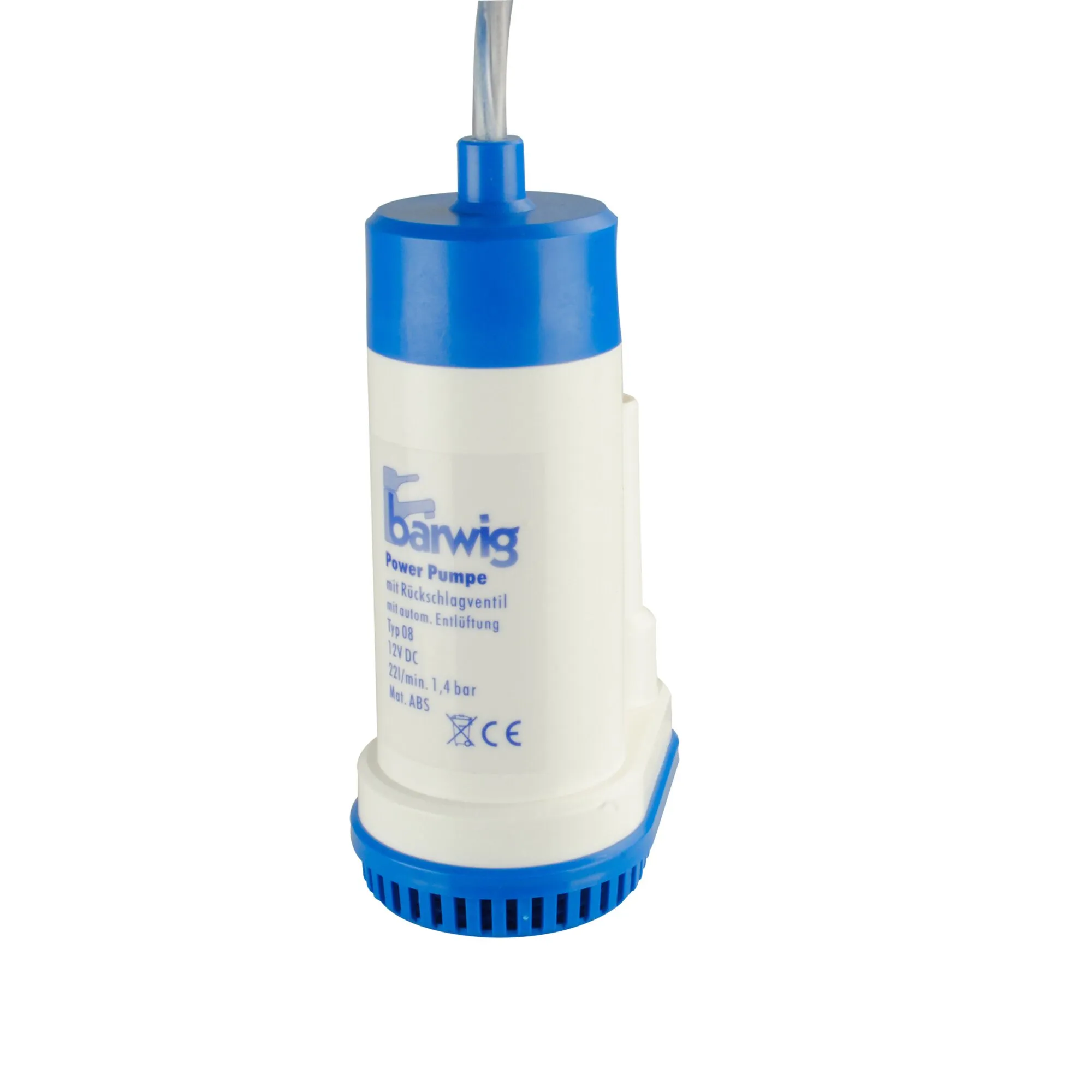 Barwig Power Pump, zylindrische Tauchpumpe in Weiß und Blau mit Ansaugfilter und Anschlusskabel