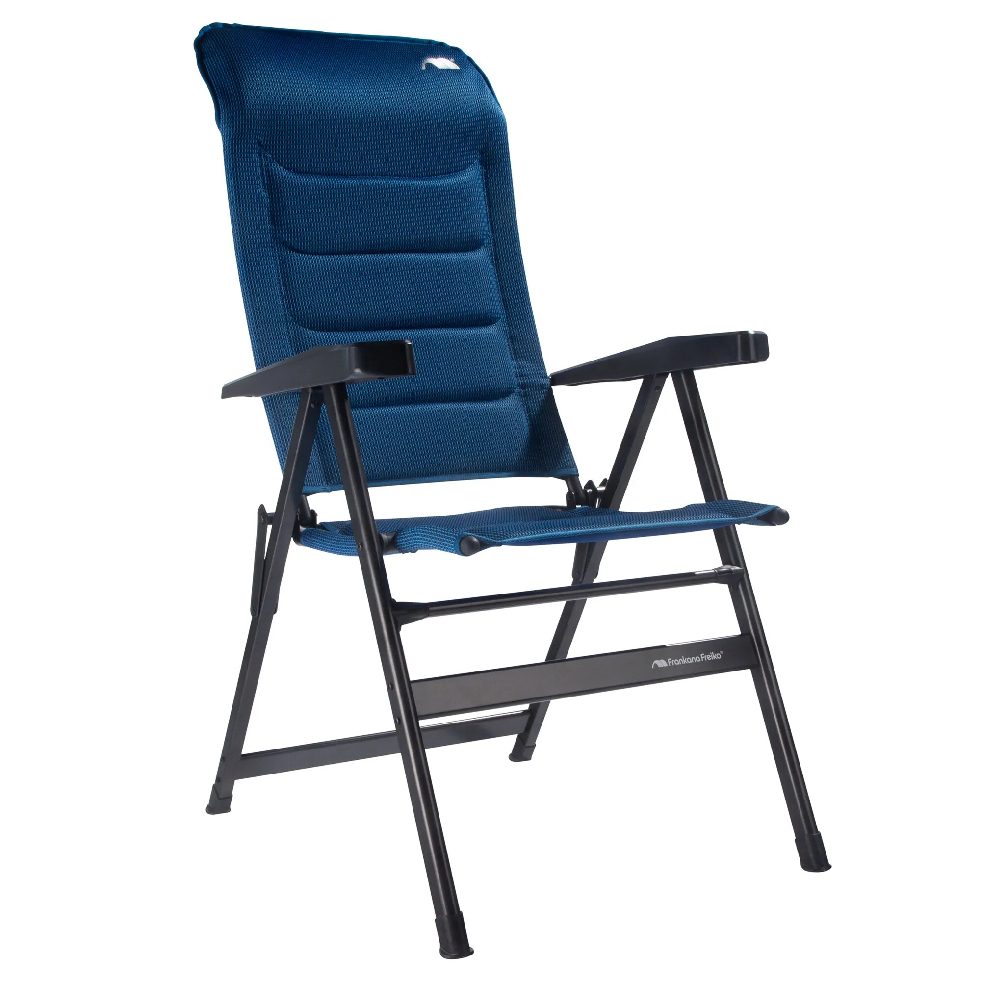 Blauer Campingstuhl HighQ Basic mit schwarzem Metallgestell, Armlehnen und verstellbarer Rückenlehne von Frankana Freiko