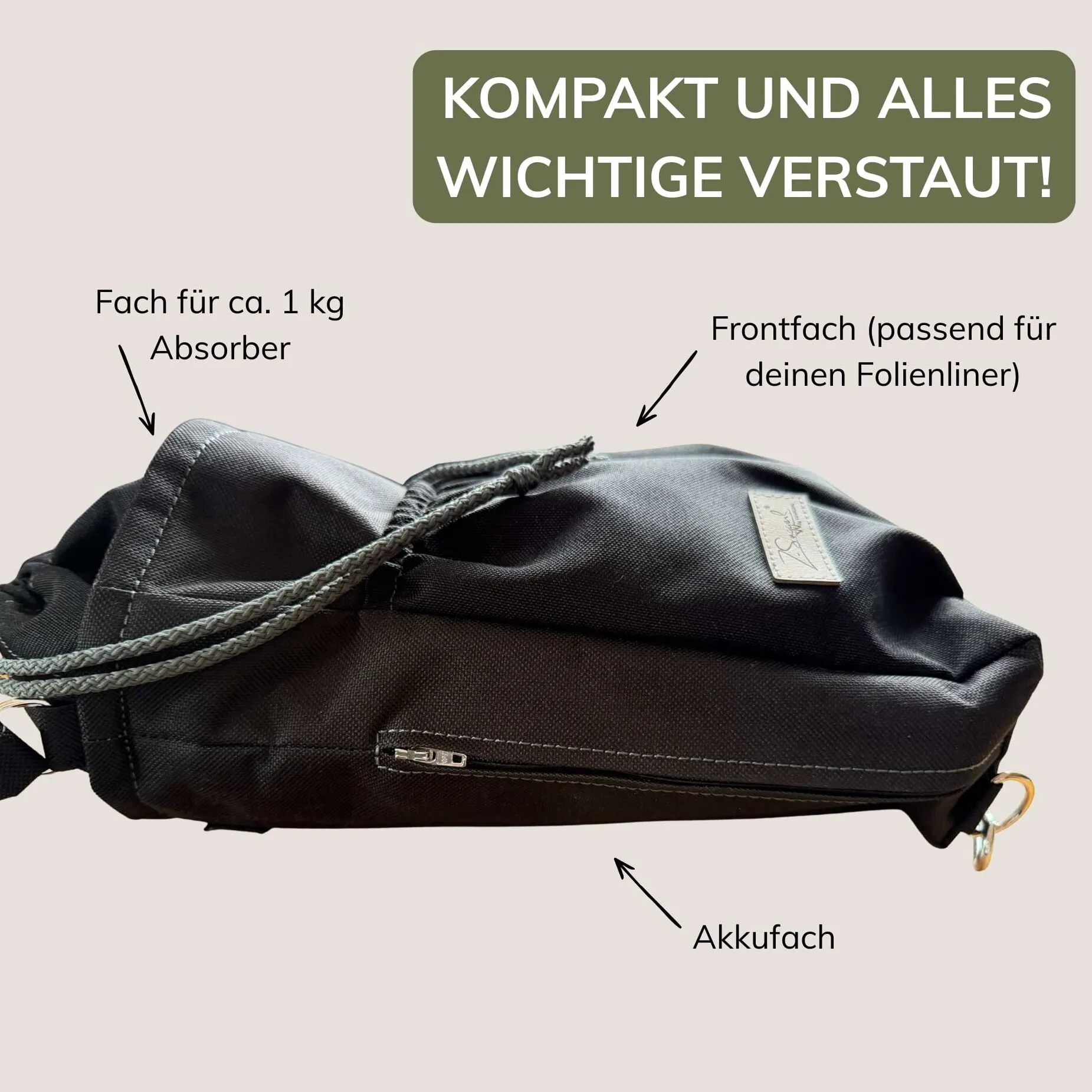 Stoffbeutel für Clesana Toilette Pulse aus dunklem Gewebe mit Kordelzug Frontfach und Fach für ca. 1 kg Absorber sowie Akkufach