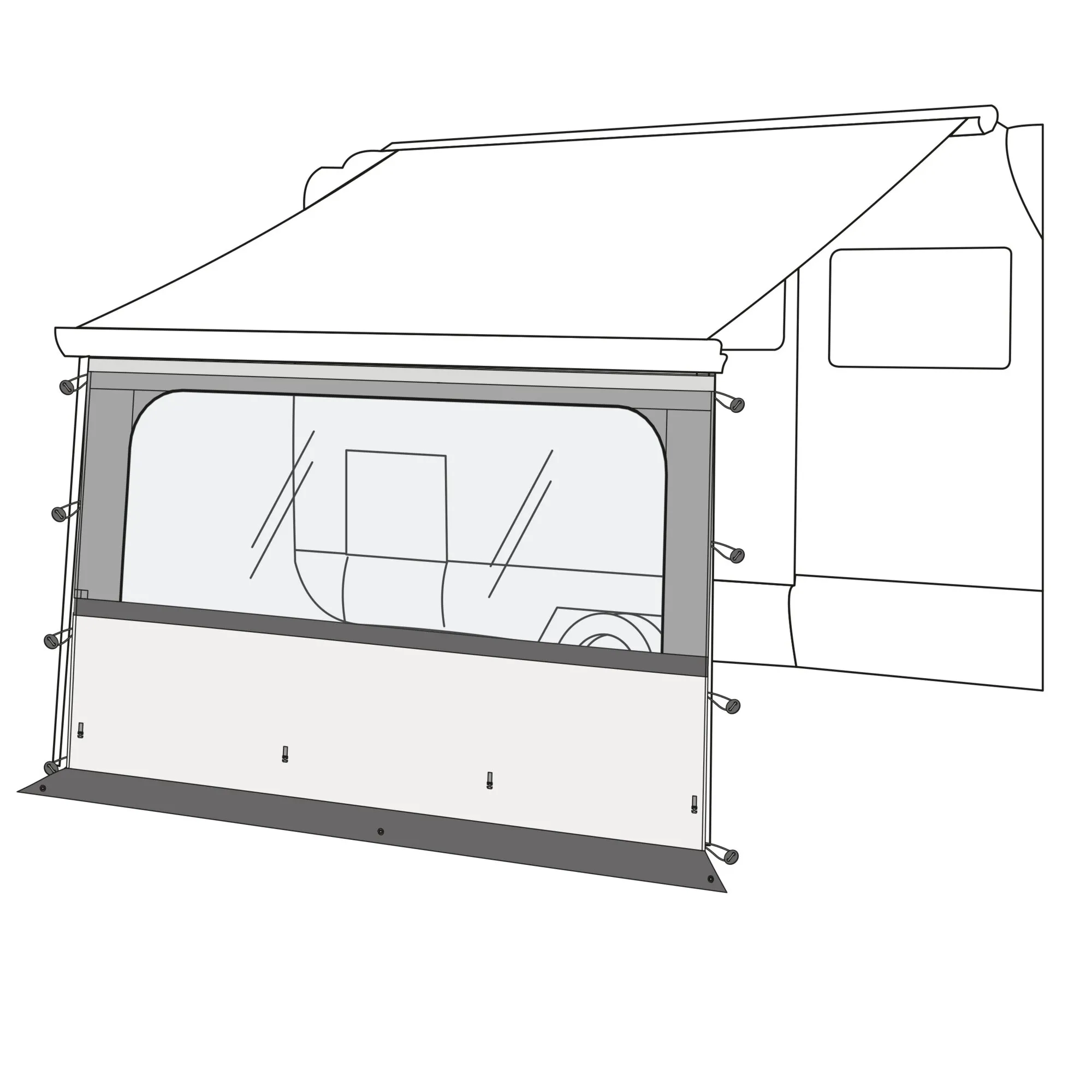 Vorderwand Blocker Pro 375 an einem Campingbus mit grauer Zeltplane, Fenster und seitlichen Abspannleinen