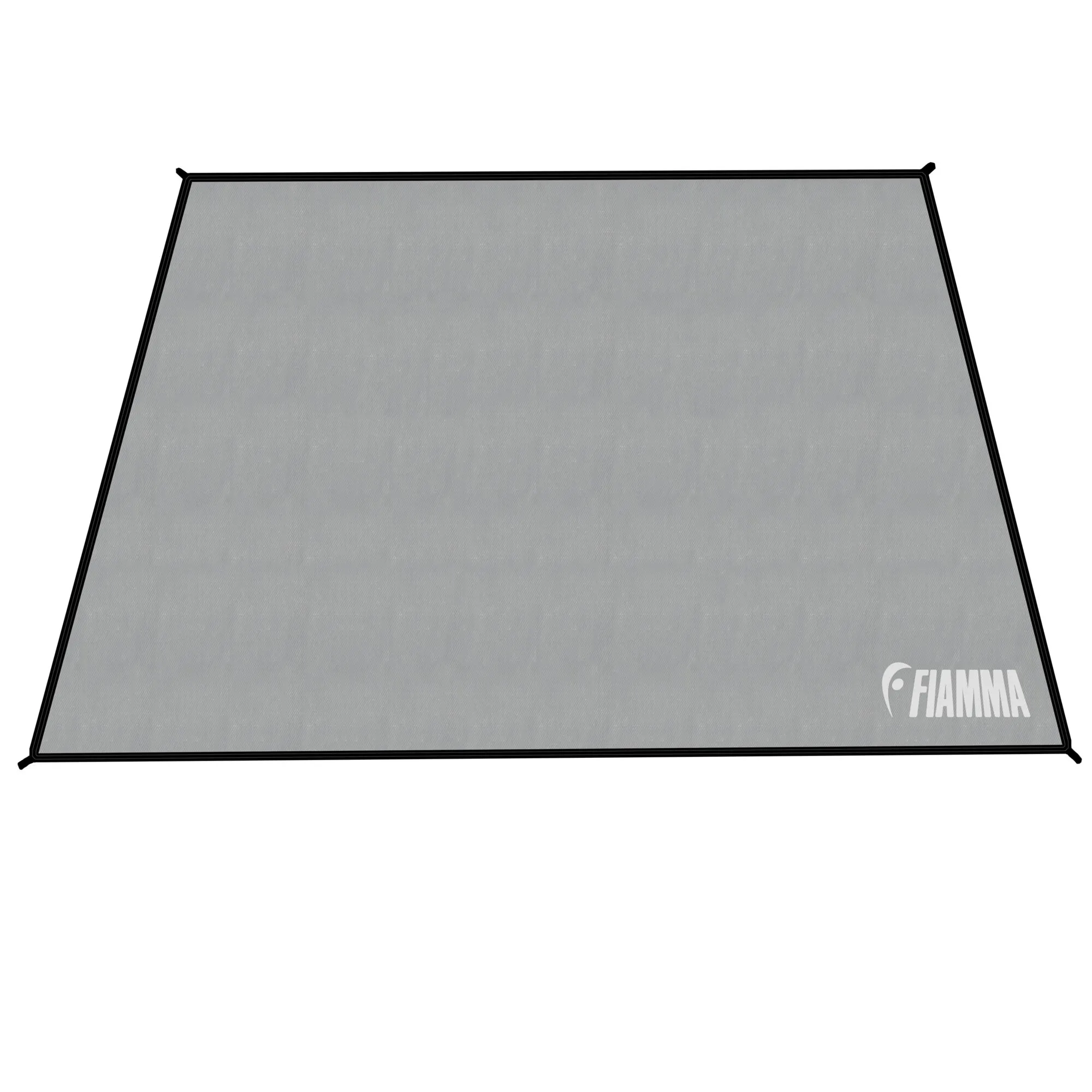 Grauer rechteckiger Zeltteppich Patio-Mat von Fiamma mit schwarzem Rand und Befestigungsschlaufen, 340 cm breit