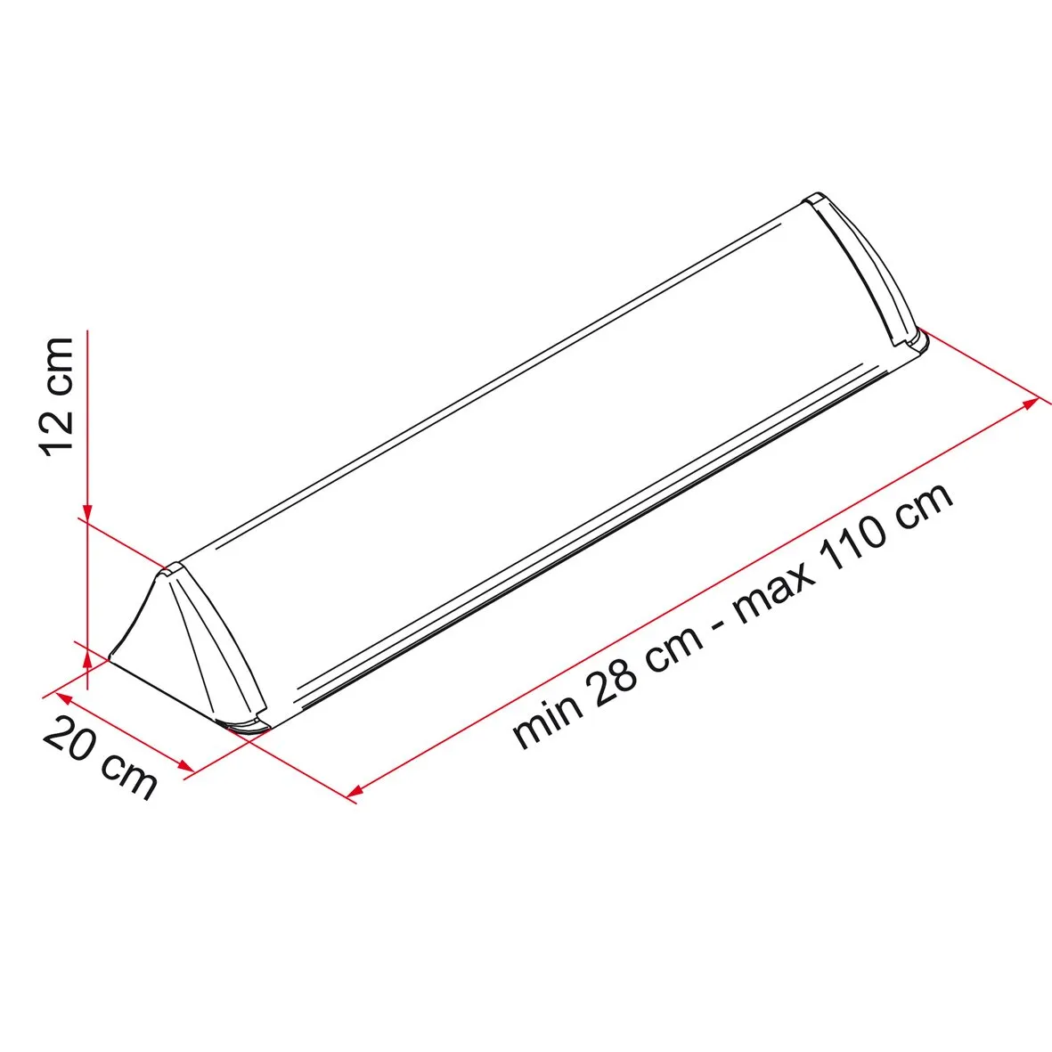 Universal-Dachhauben-Spoiler in schwarzer Seitenansicht mit verstellbarer Länge von 28 bis 110 cm, 20 cm Breite und 12 cm Höhe