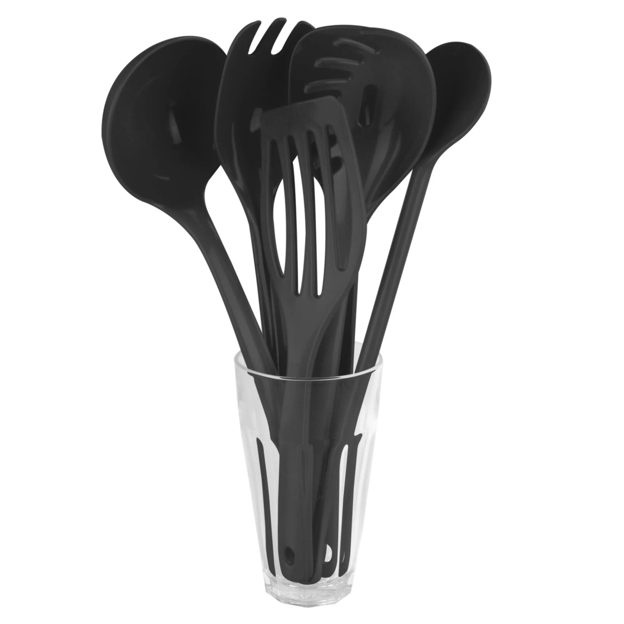 Schwarzes Küchenhelfer-Set mit Pfannenwender, Schöpflöffel und weiteren Utensilien in einem transparenten Glasbehälter