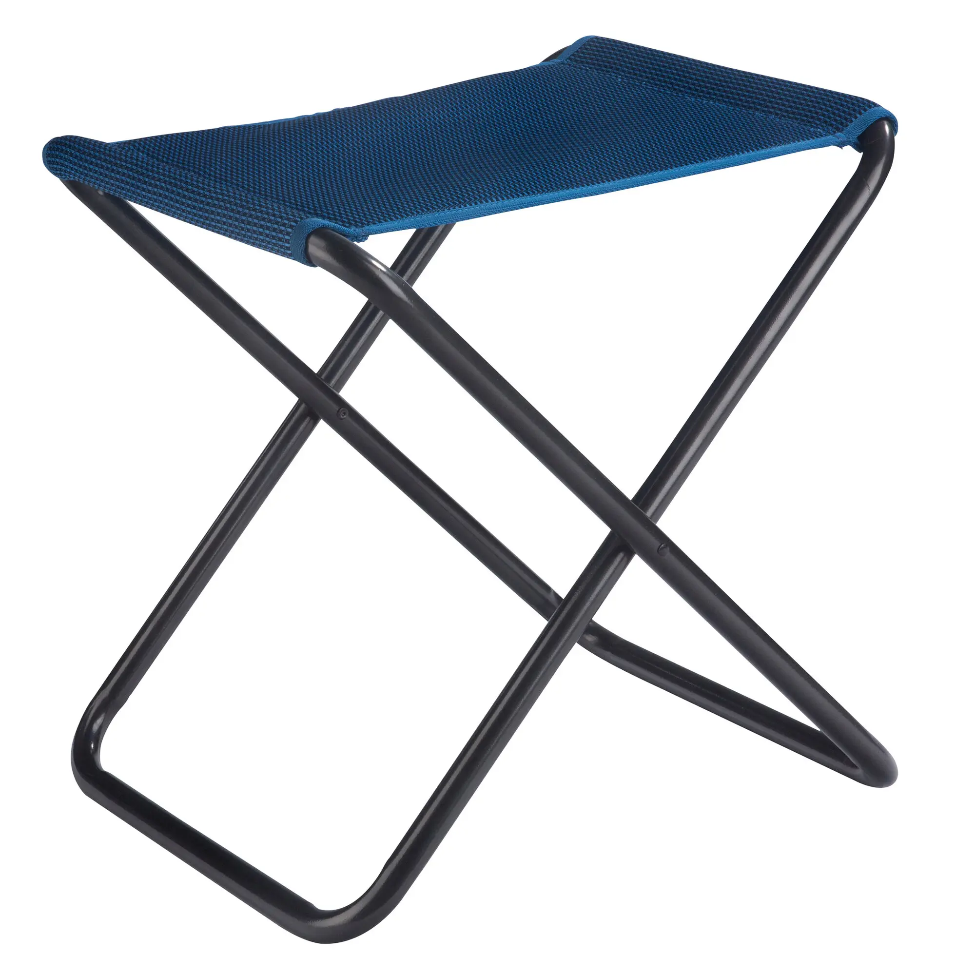 HighQ Hocker blau mit schwarzem X-Gestell aus Metall; rechteckige Sitzfläche aus gewebtem blauem Stoff mit blauem Rand