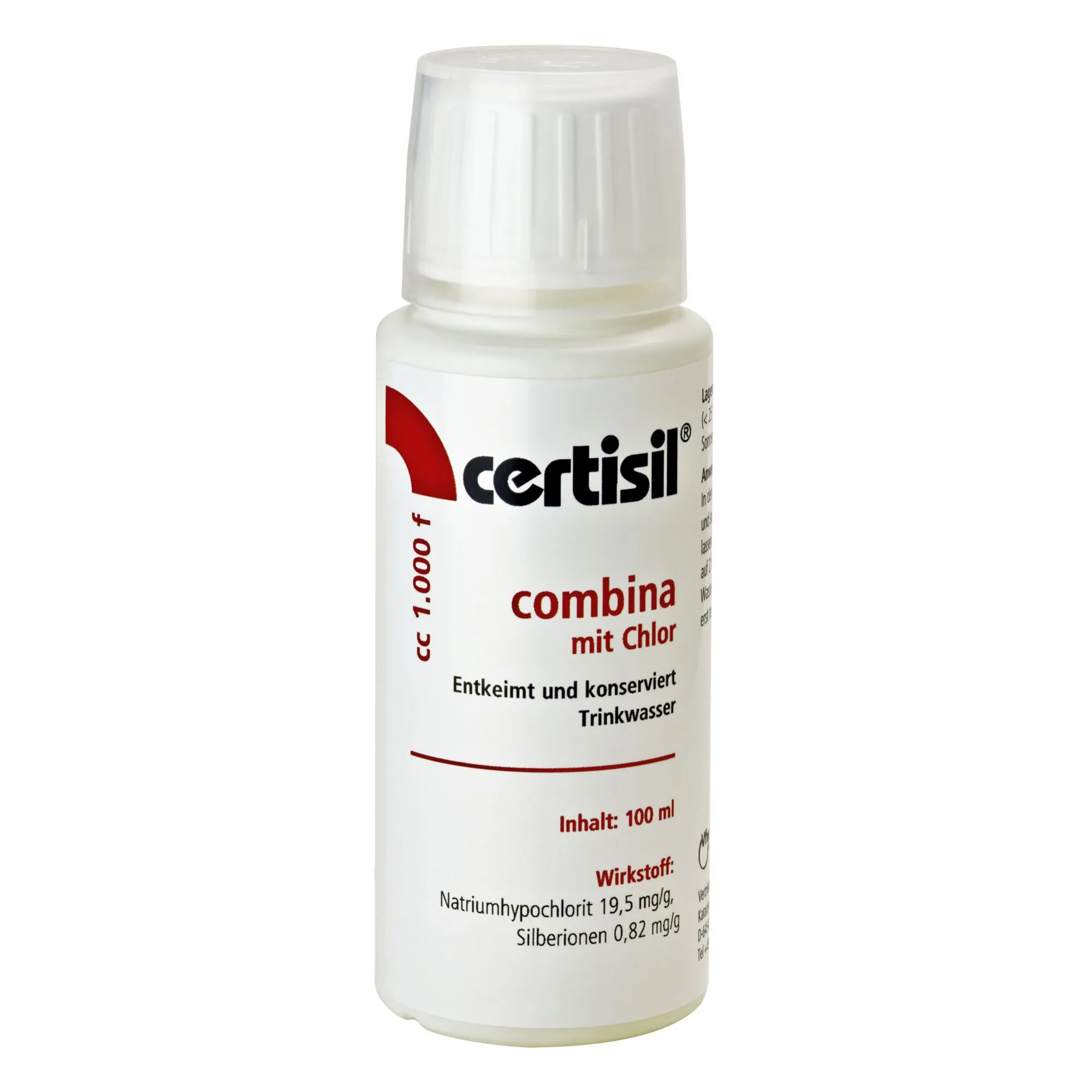 Weiße 100-ml-Flasche Certisil combina mit Chlor CC 1.000 f zur Entkeimung und Konservierung von Trinkwasser