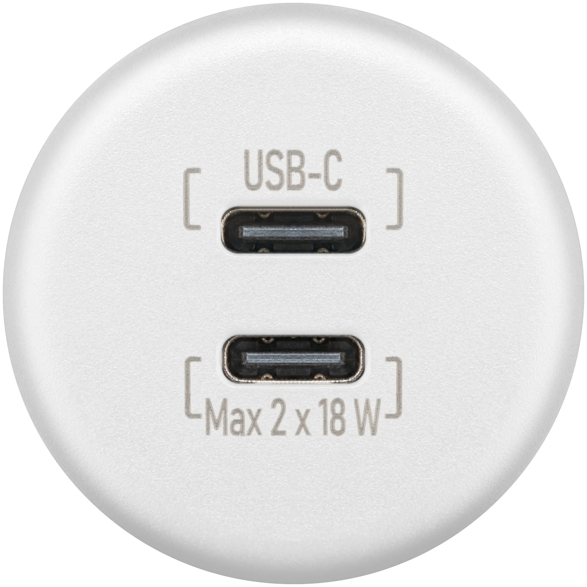 Weiße runde Front eines Einbauladegeräts mit zwei USB-C-Anschlüssen, beschriftet mit USB-C und Max 2 x 18 W