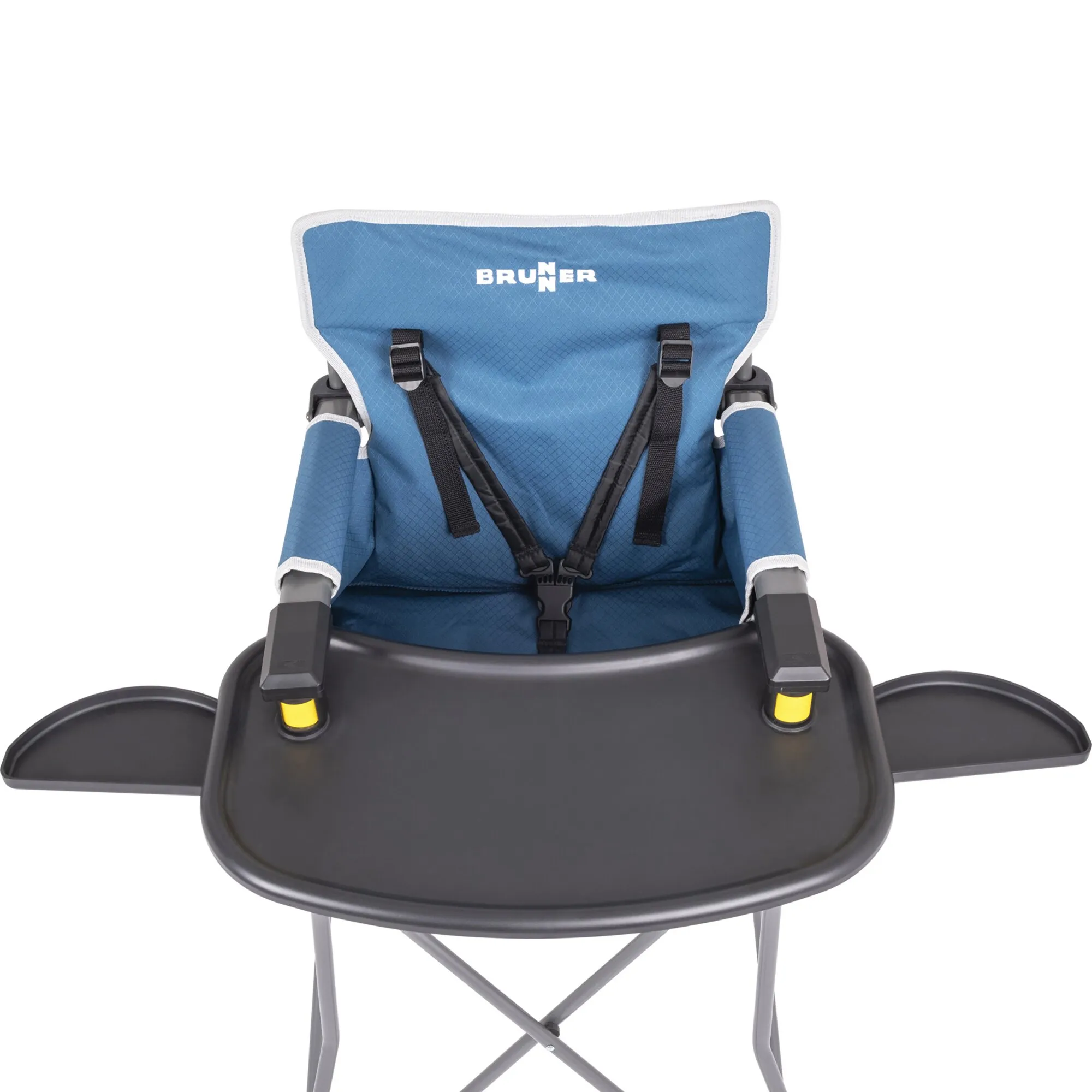Blauer Baby-Hochstuhl Action Baby Equiframe von Brunner mit schwarzem Tablett, Sicherheitsgurt und klappbarem Metallgestell