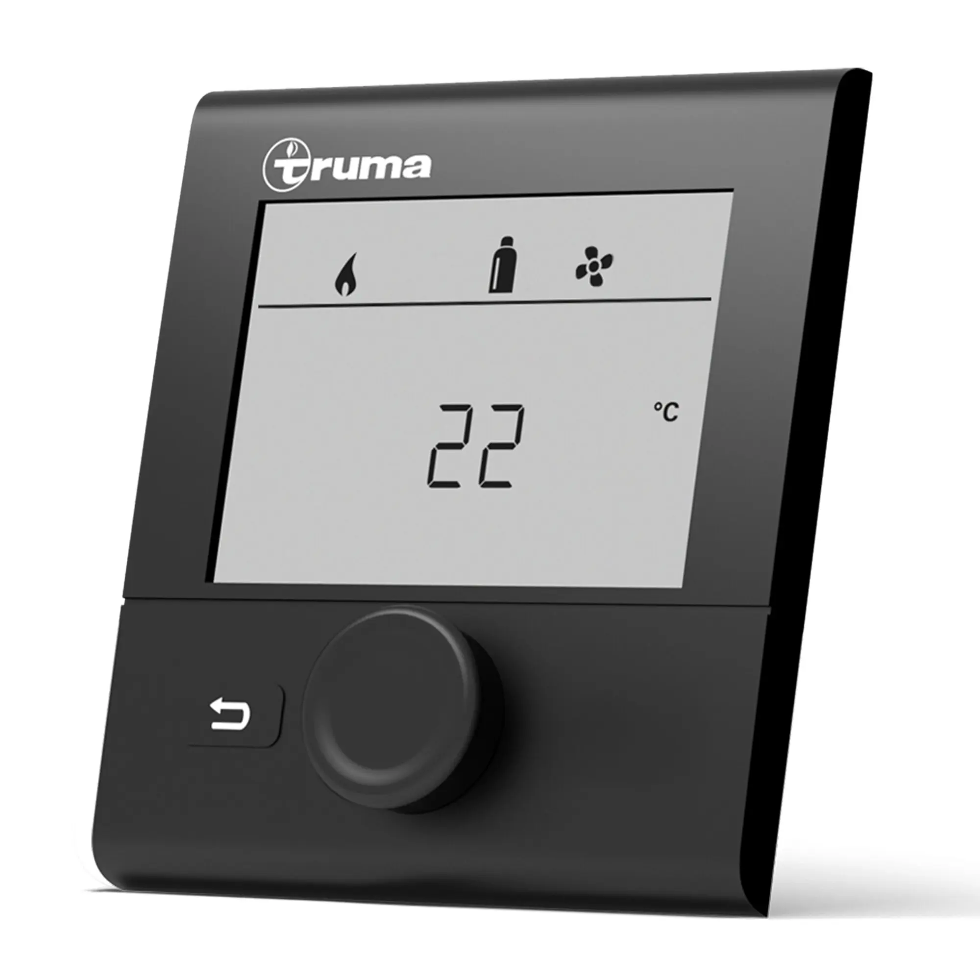 Truma CP plus Bedienteil mit Display, auf dem Symbole Flamme, Gasflasche und Ventilator sichtbar sind, und eine Temperaturanzeige in °C