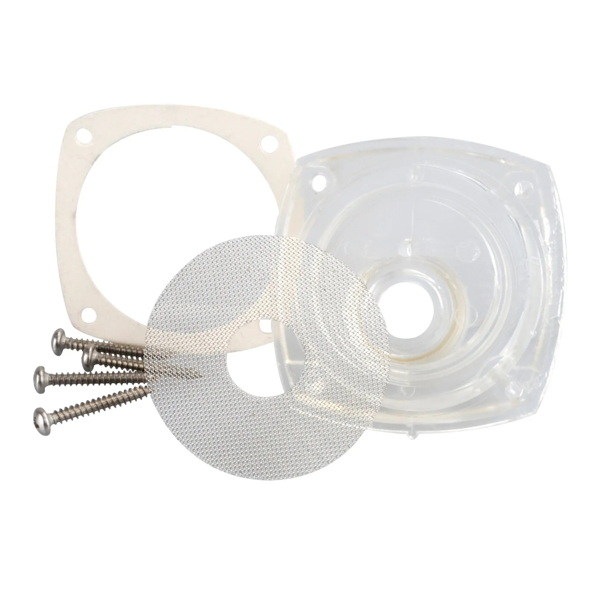 Filterkit für Aqua 8 Pumpe mit transparentem Kunststoffdeckel, Metallsieb, Dichtung und vier Befestigungsschrauben