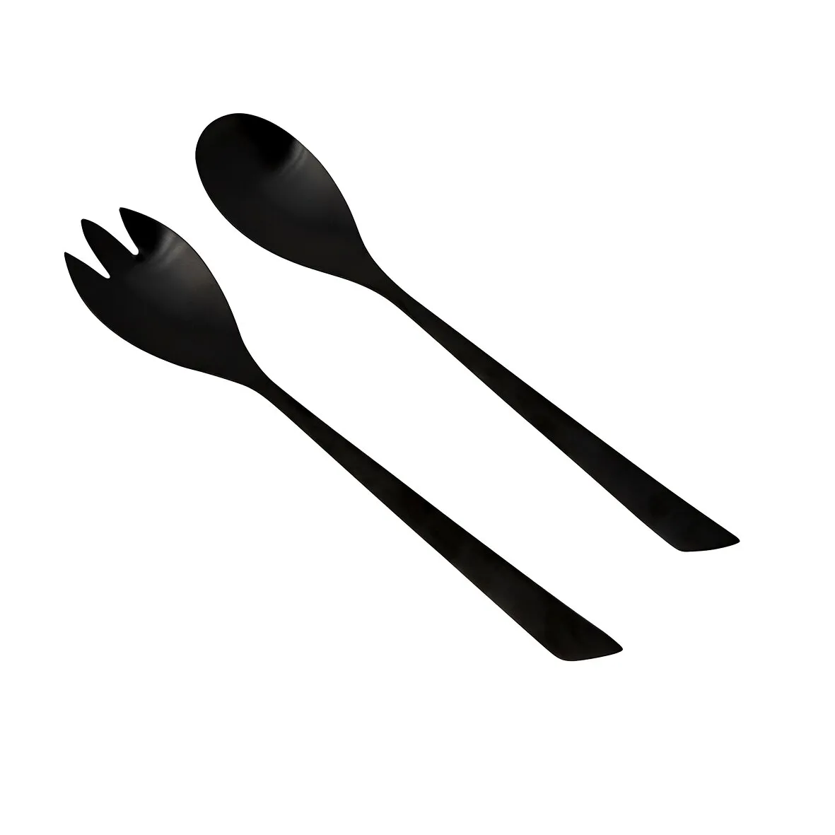 Schwarzes Salatbesteck aus zwei Teilen mit langem Griff: Salatgabel und Salatlöffel auf weißem Hintergrund