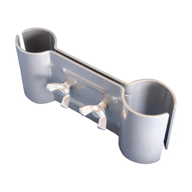 Grauer Klemmhalter aus Metall für Deichselstützräder mit zwei Rohrschellen und Flügelmuttern