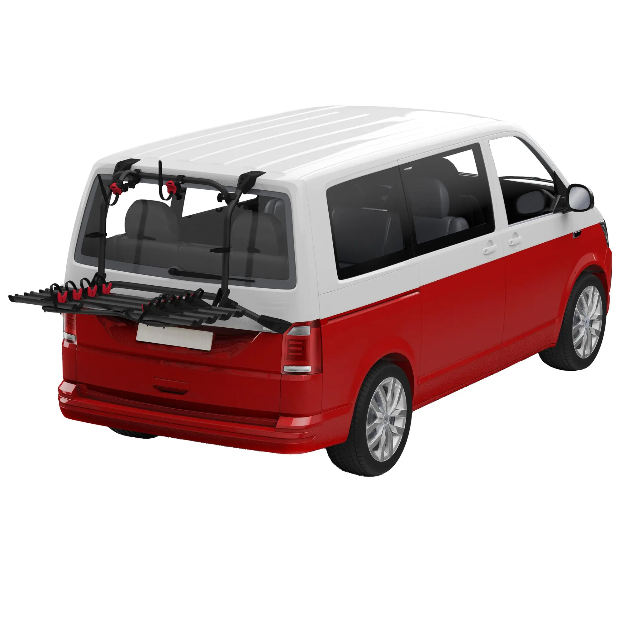 Fahrradträger Carry-Bike VW T6 Pro, vormontiert am Heck eines weißen Transporters, mit zwei Fahrradhaltern und roten Halteklammern
