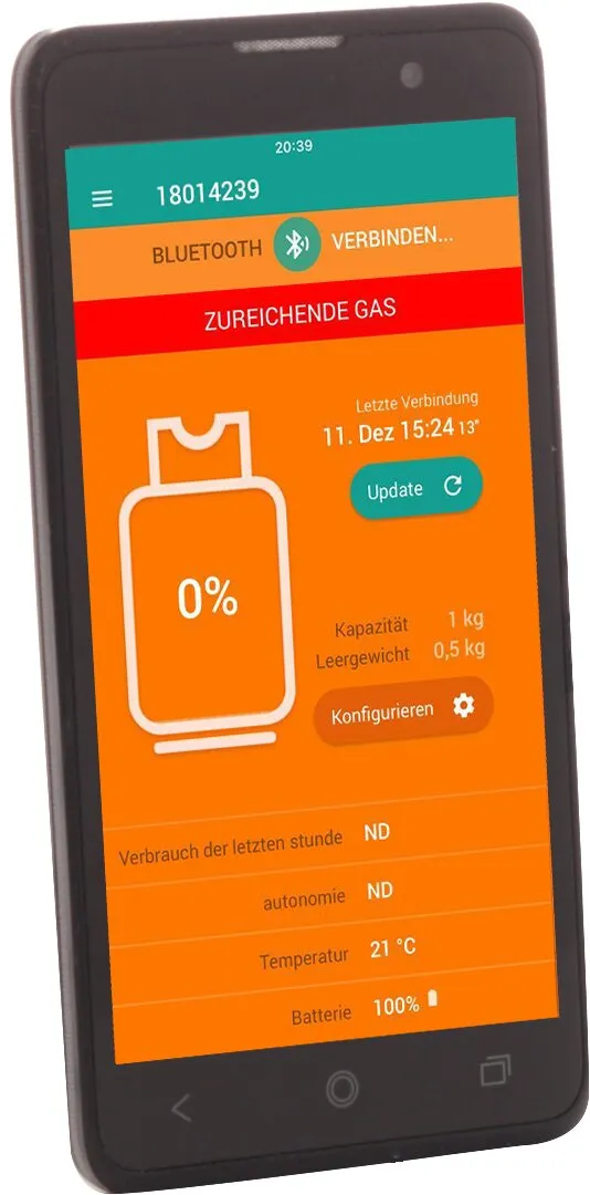 Schwarzes Smartphone mit App-Anzeige der Gasflaschenfüllstandsanzeige W8 Smart, Füllstand 0 Prozent und Bluetooth-Verbindung