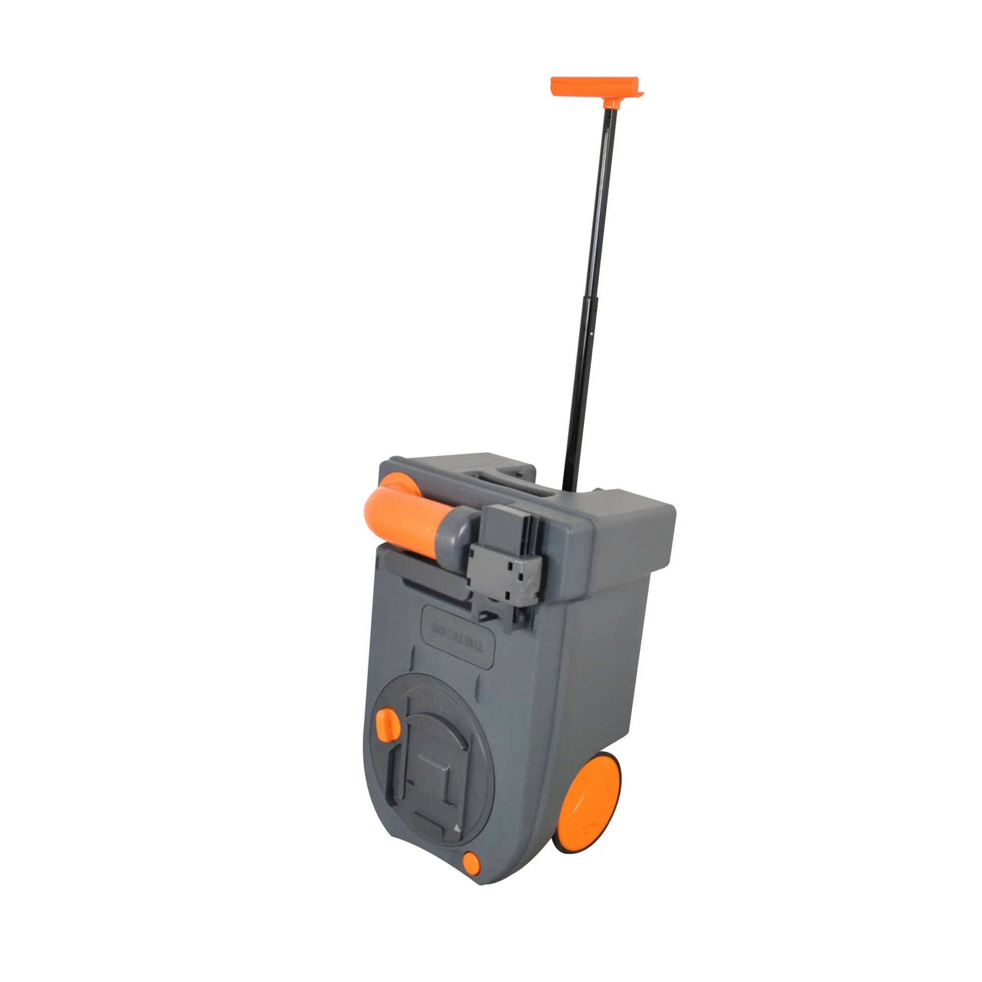 Grauer Fäkalientank für Umpumpsystem mit orangefarbenen Rädern, Tragegriff und ausziehbarem Handgriff