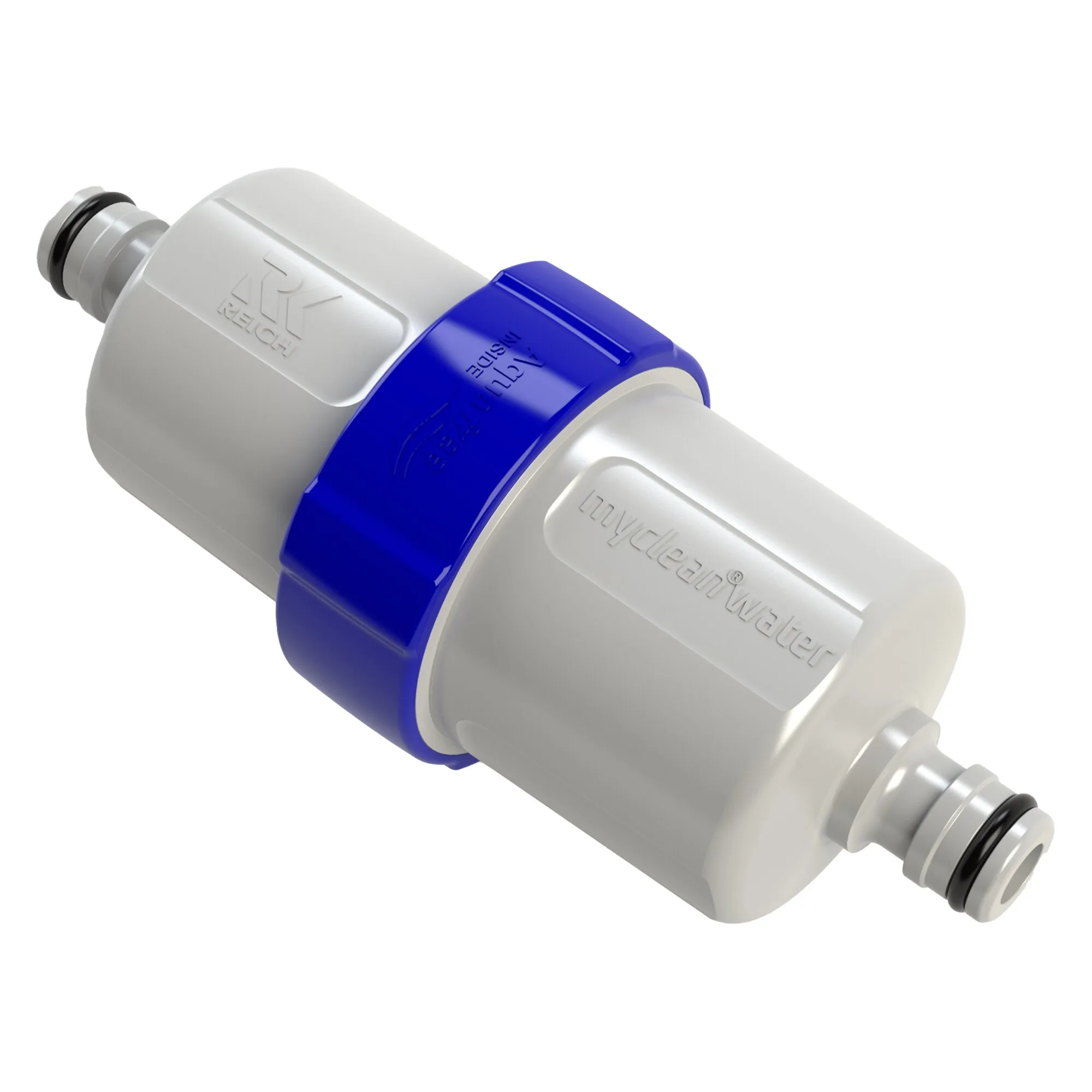 Weißer myclean®water Befüllfilter mit blauer Verschlussmanschette und Anschlüssen an beiden Enden in Schrägansicht