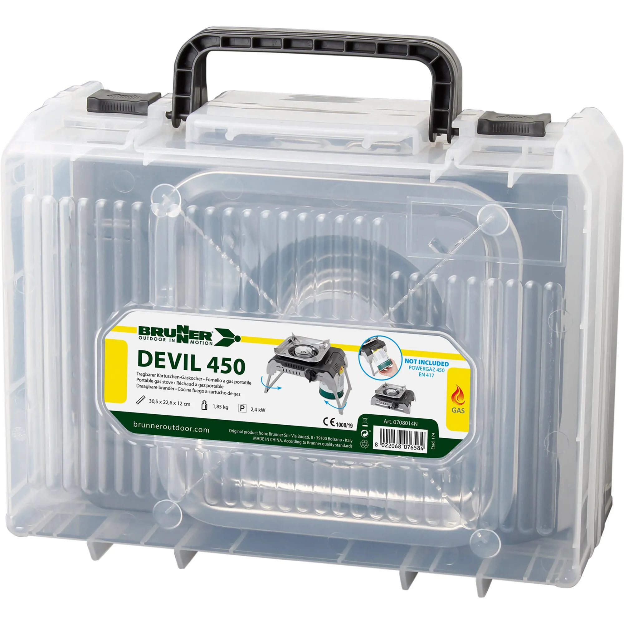 Brunner Devil 450 tragbarer Gaskocher in transparenter Kunststoffbox mit Tragegriff und Produktetikett