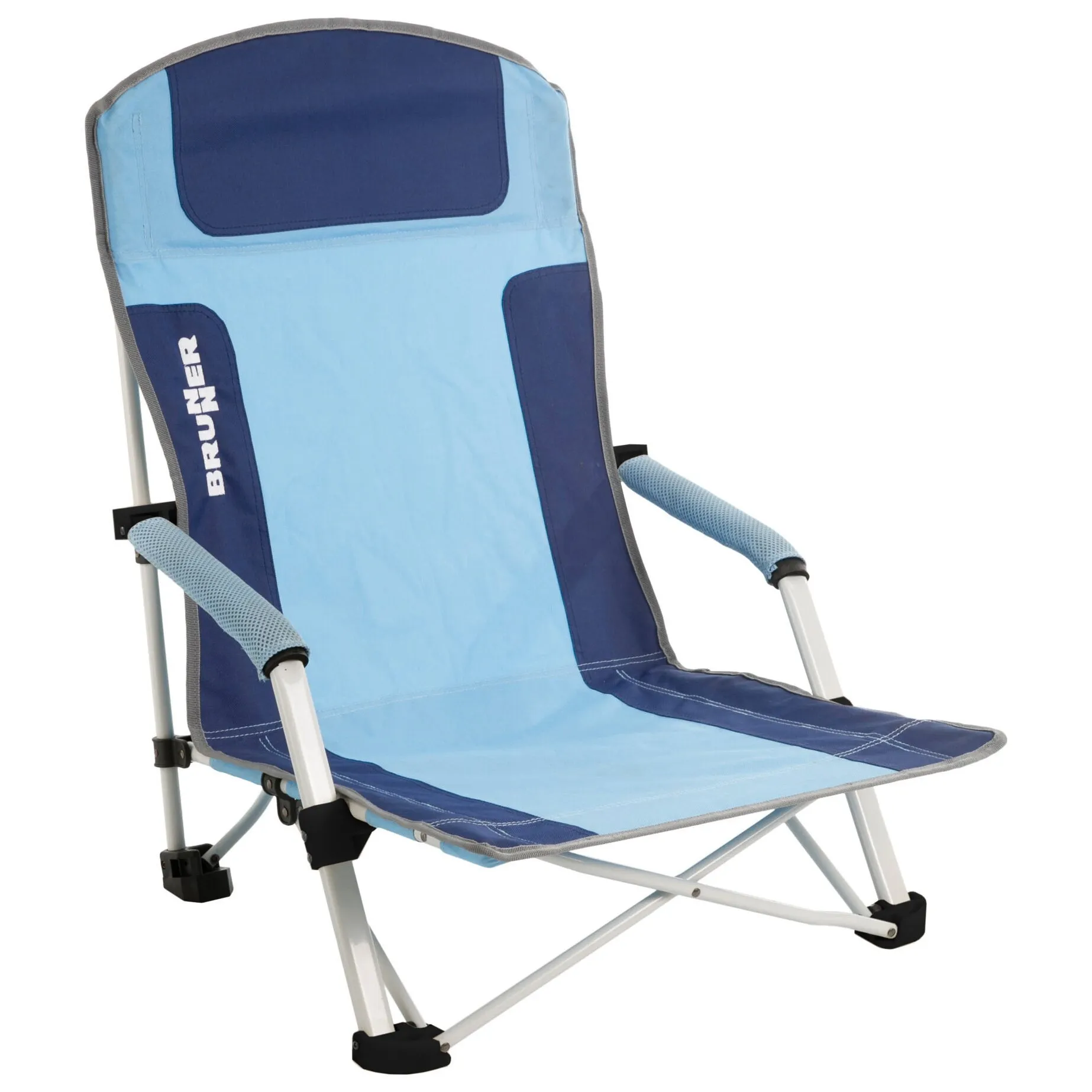 Strandstuhl Bula in Hellblau und Dunkelblau mit gepolsterten Armlehnen, verstellbarer Rückenlehne und klappbarem Metallgestell