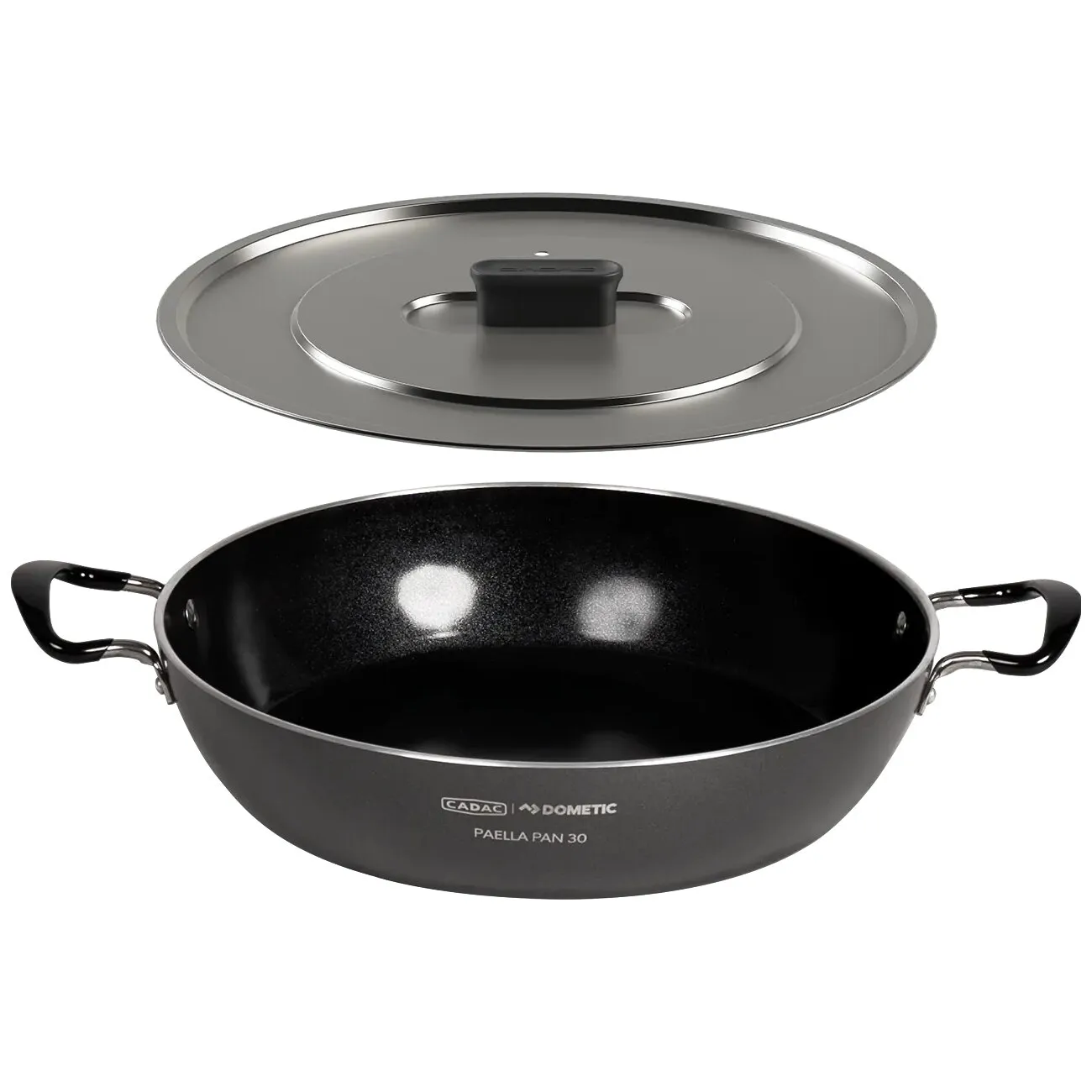 Schwarze Paellapfanne Cadac Dometic Paella Pan 30 mit zwei Seitengriffen und abnehmbarem Deckel mit Knauf