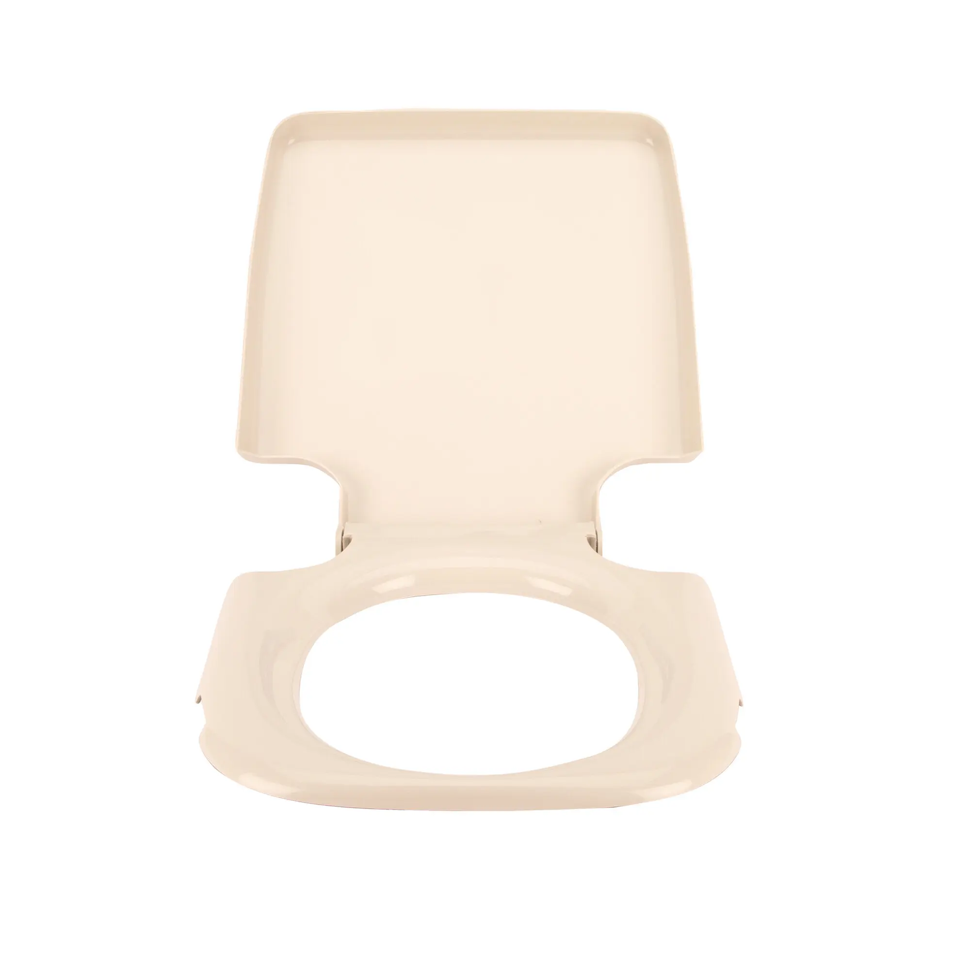 Beigefarbener Toilettensitz mit Deckel, Nahaufnahme einer glatten Kunststoffschale mit abgerundeten Kanten und klarer Form