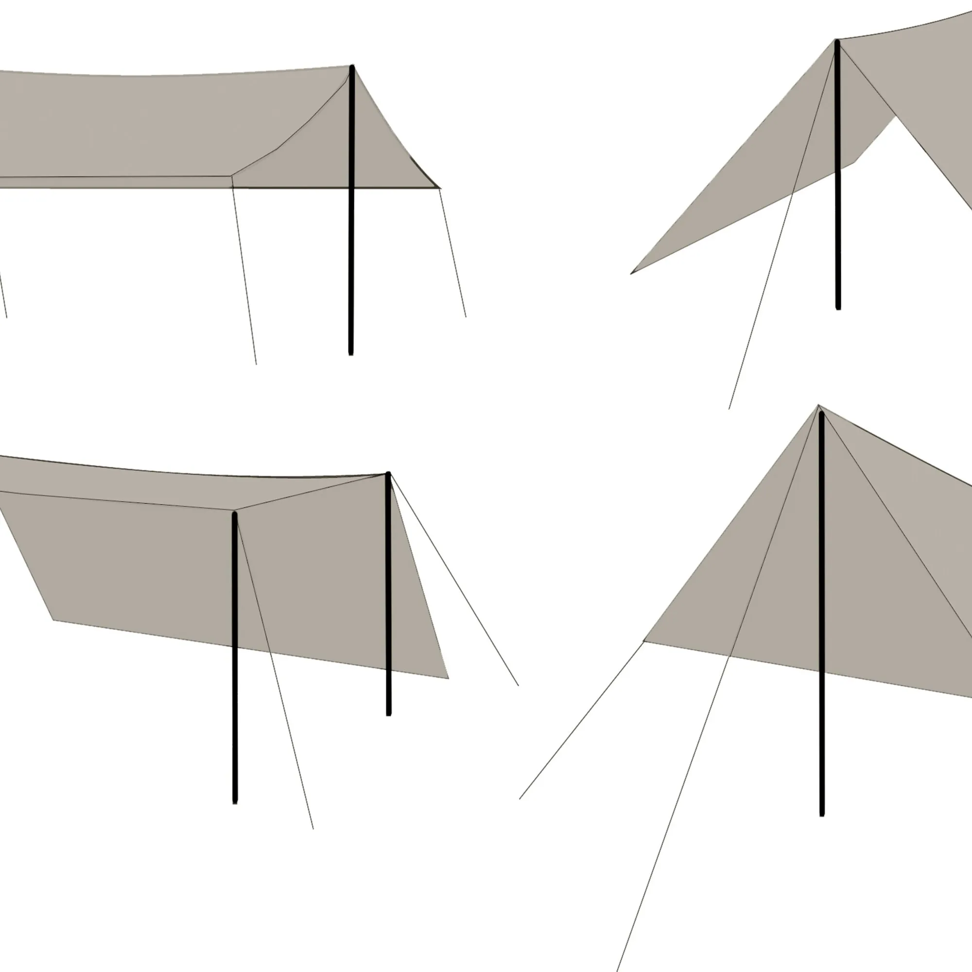 Grafische Darstellung mehrerer beigefarbener Sonnensegel in Dreiecksformen, befestigt an schwarzen Stangen mit Abspannseilen Sunny NG 3 x 3 m