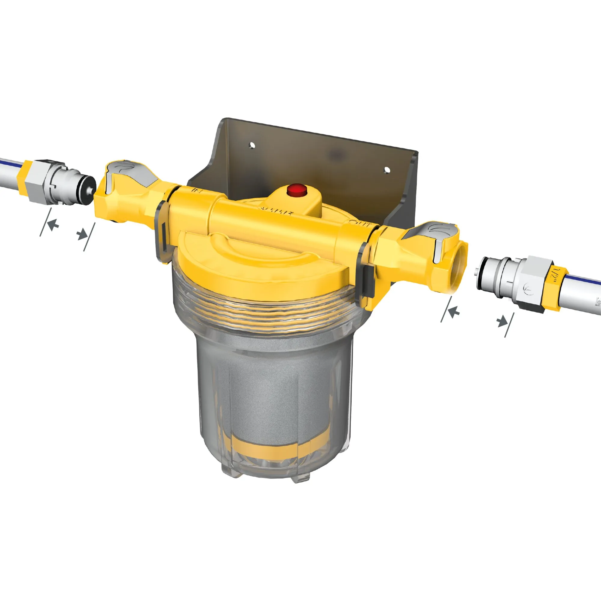 Certec® Inline-Filtersystem als gerades Komplett-Set mit gelbem Filtergehäuse, transparenter Filtertasse, Wandhalterung und Rohranschlüssen