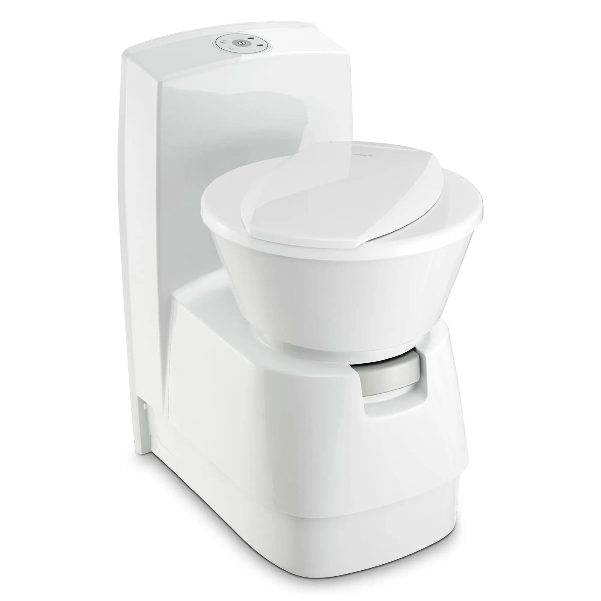 Weiße Cassettentoilette CT 4000 mit geschlossenem Deckel, Spültaste und integriertem Spülwassertank CTW 4110 in Frontansicht