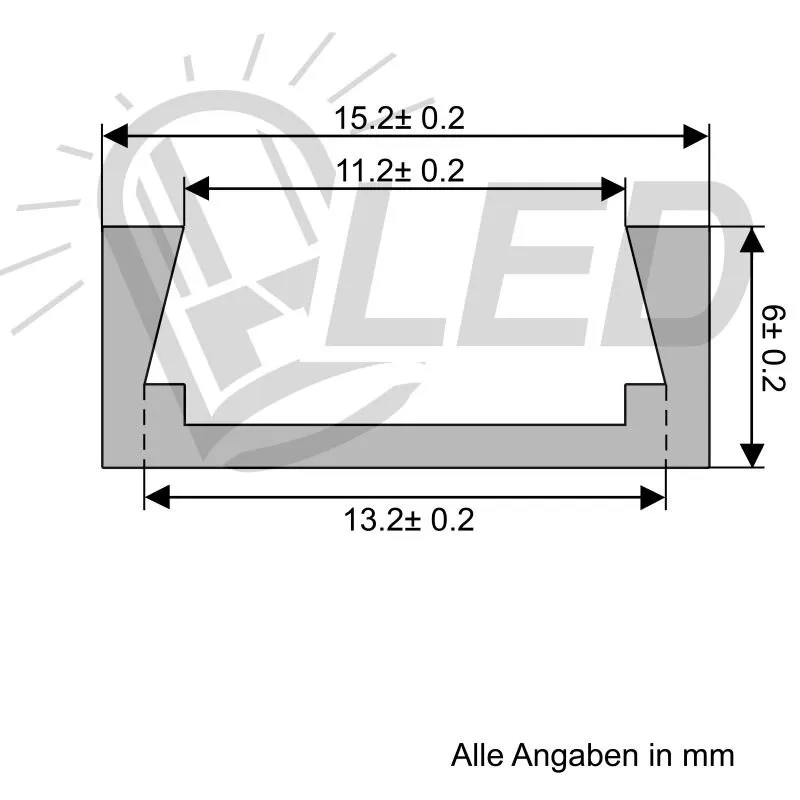 Aluminiumprofil 100 im Querschnitt mit U-förmiger Nut und Maßangaben von 15,2, 11,2, 13,2 und 6 mm ± 0,2