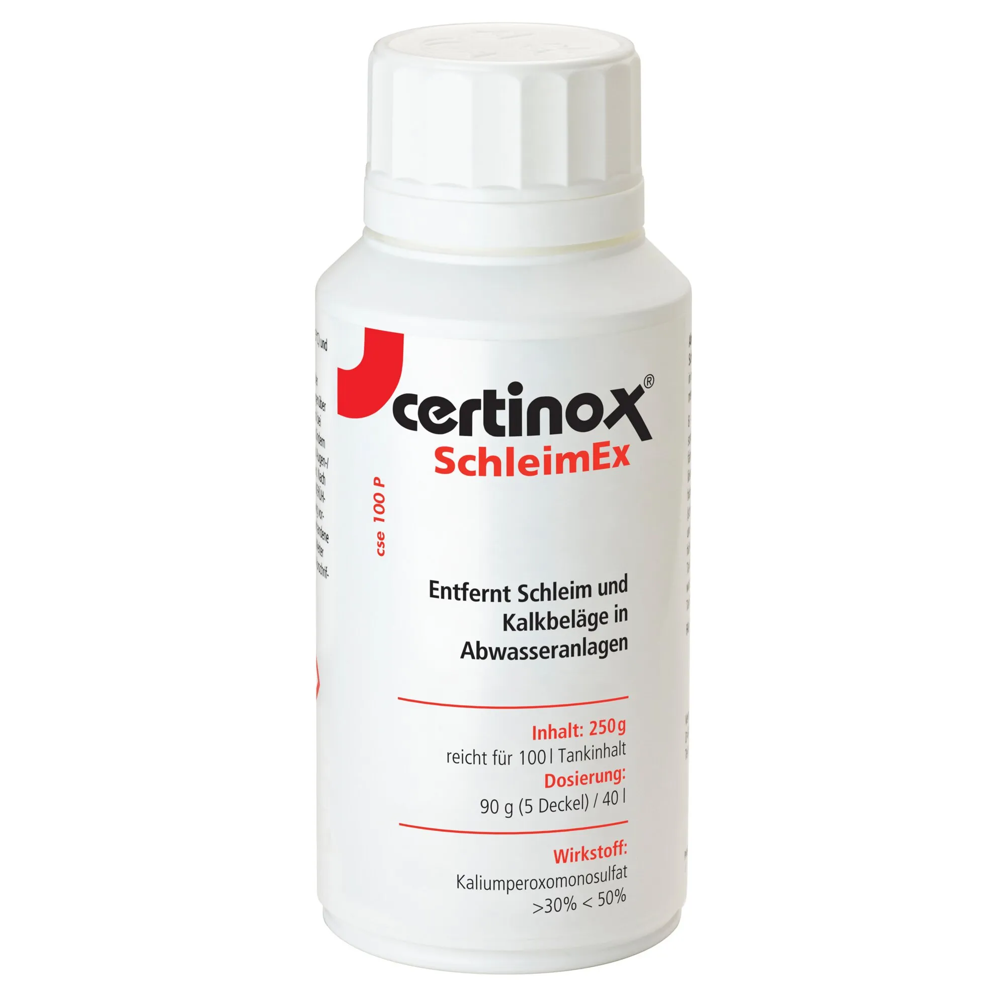 Weiße certinox SchleimEx Kunststoffdose mit Schraubdeckel, 250 g Pulver zur Entfernung von Schleim und Kalkbelägen in Abwasseranlagen
