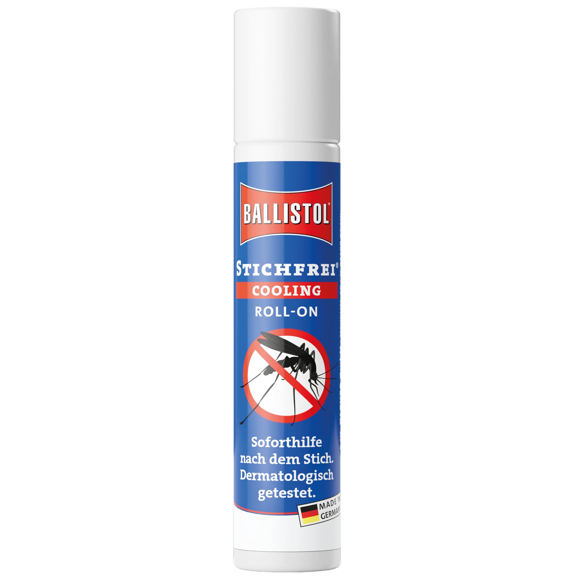 Vertikale Nahaufnahme eines weißen Roll-On Behälters mit blauem Etikett und Ballistol-Logo, Stichfrei Cooling Roll-On und Verbotssymbol gegen Mücken