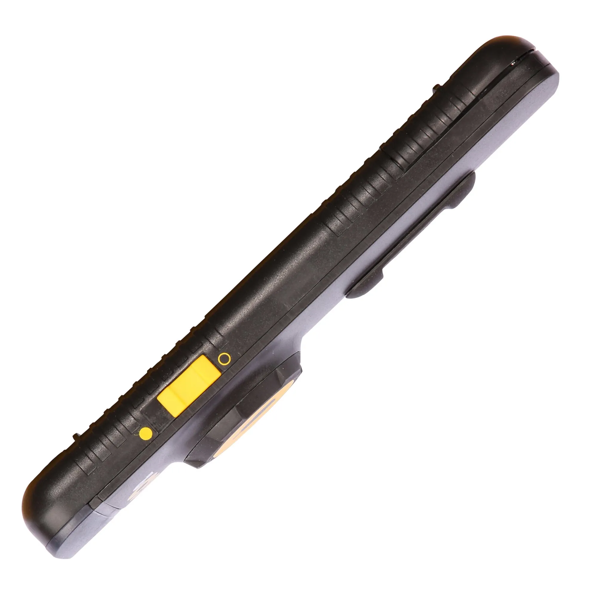 Schwarze Fernbedienung Mover GO2 in diagonaler Seitenansicht mit gelber Taste und strukturiertem Griff