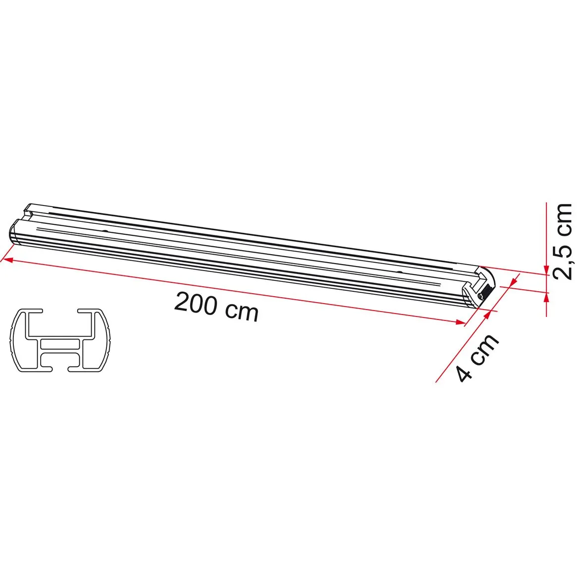 Aluminium-Befestigungsschiene Garage-Bar für die Heckgarage, 200 cm lang, 4 cm breit und 2,5 cm hoch, mit Profilquerschnitt