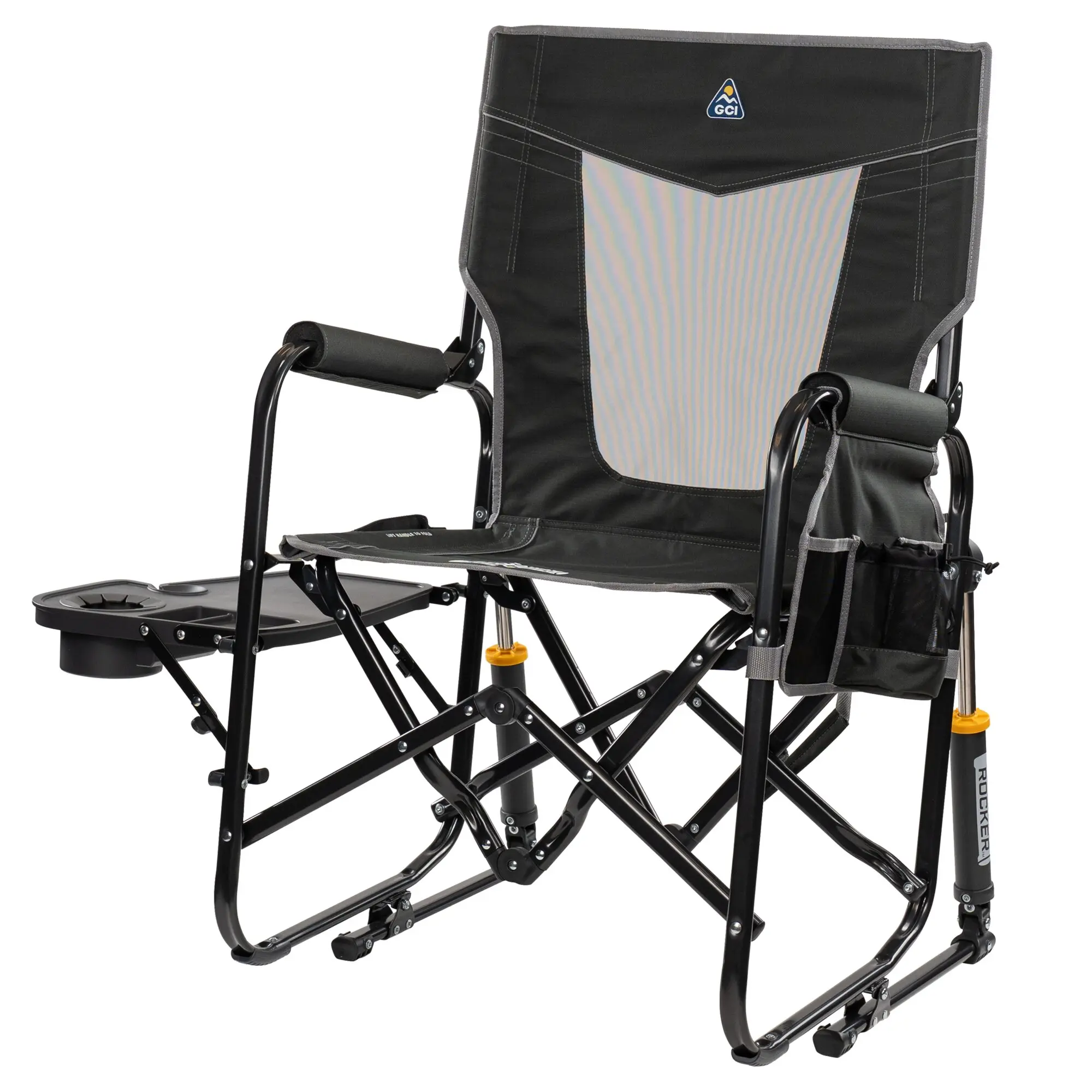 Anthrazitfarbener Camping-Schaukelstuhl Stowaway Rocker mit Tisch, Rückenlehne aus Stoff, graue Ziernähte, Seitentisch mit Cupholder