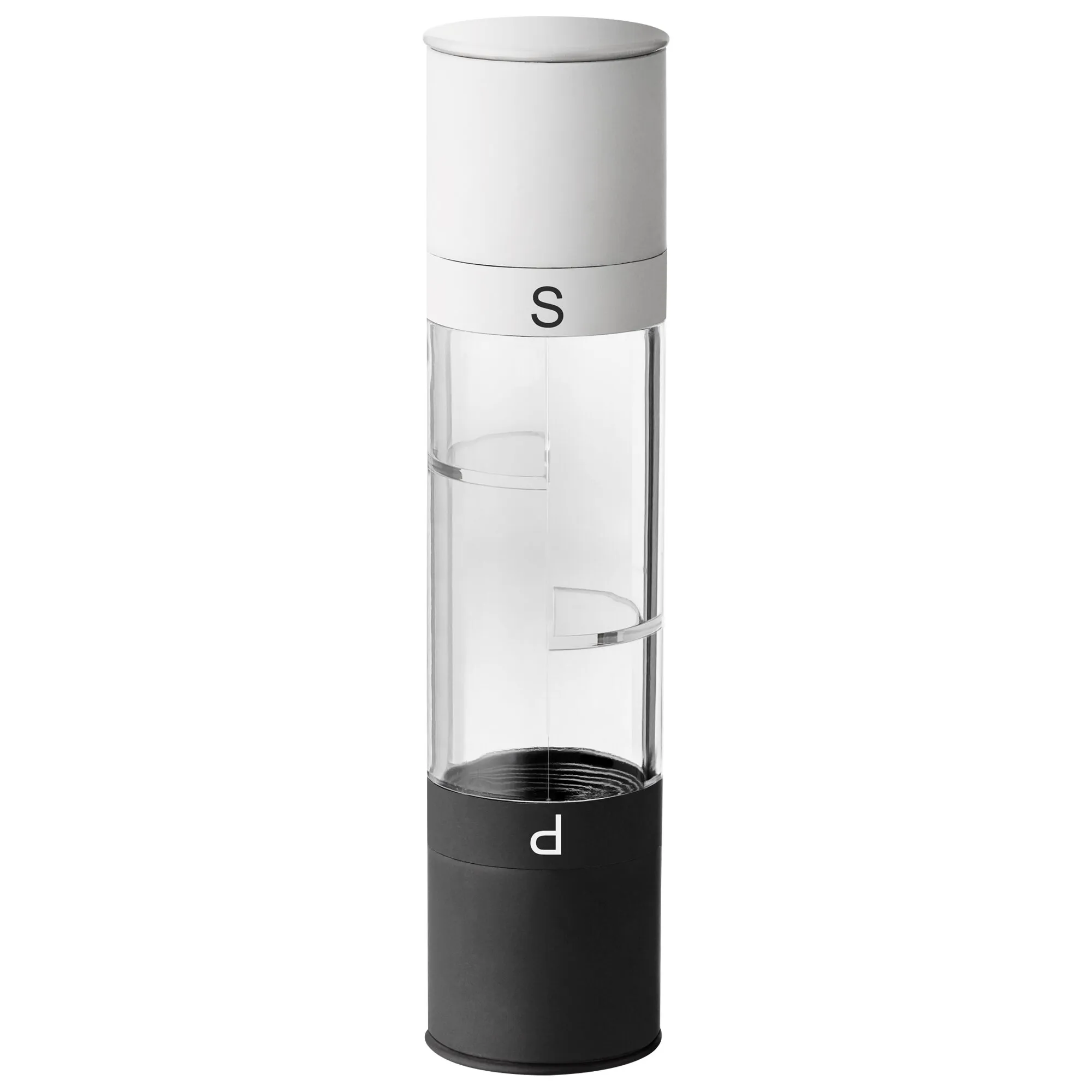 Melange Salz- und Pfeffermühle aus Glas mit weißem Aufsatz, schwarzem Fuß und Markierungen für Salz und Pfeffer