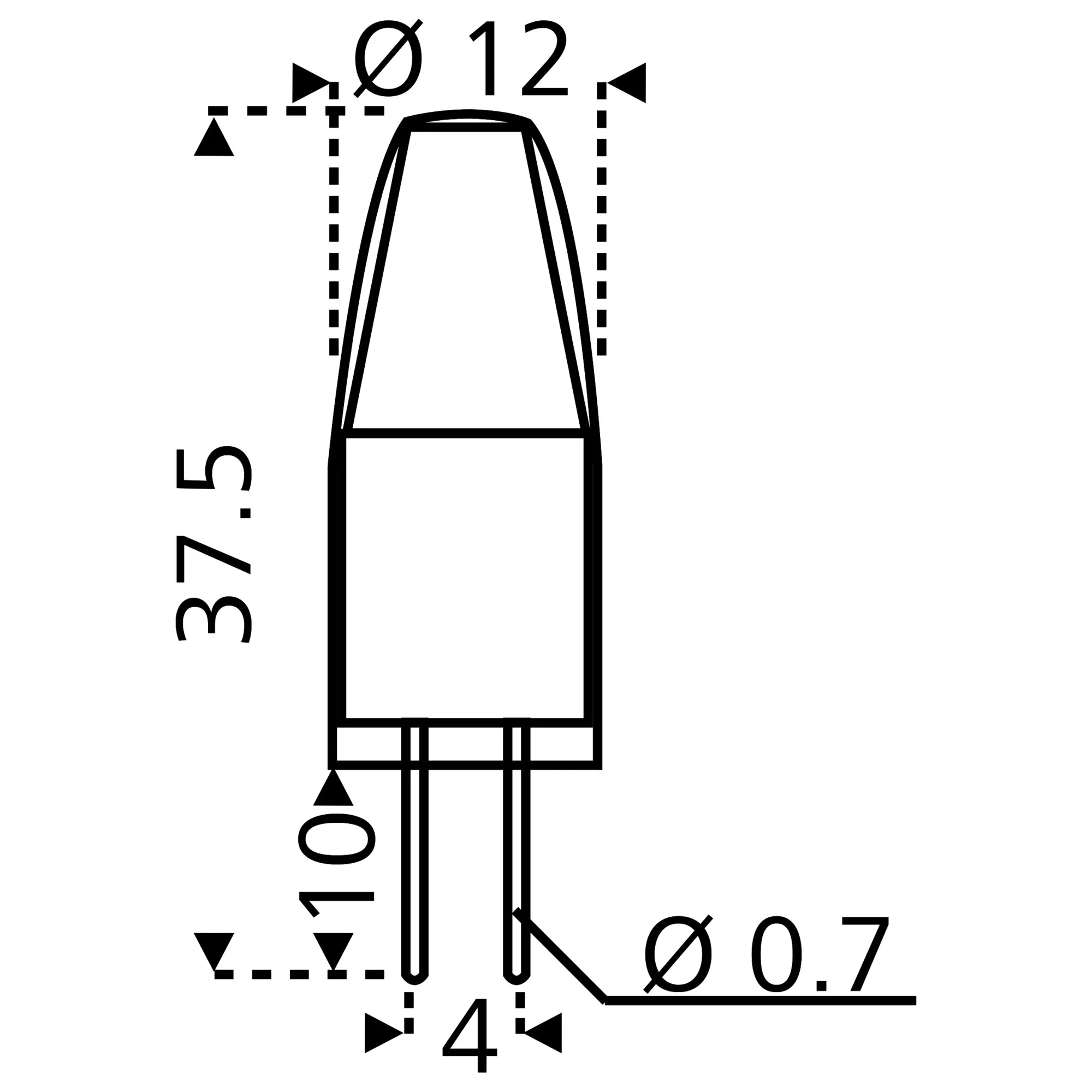 Technische Zeichnung eines LED-Leuchtmittels G4 mit zylindrischem Körper, zwei Kontaktstiften und Maßangaben Ø 12 mm, Höhe 37 mm und Pinabstand 4 mm