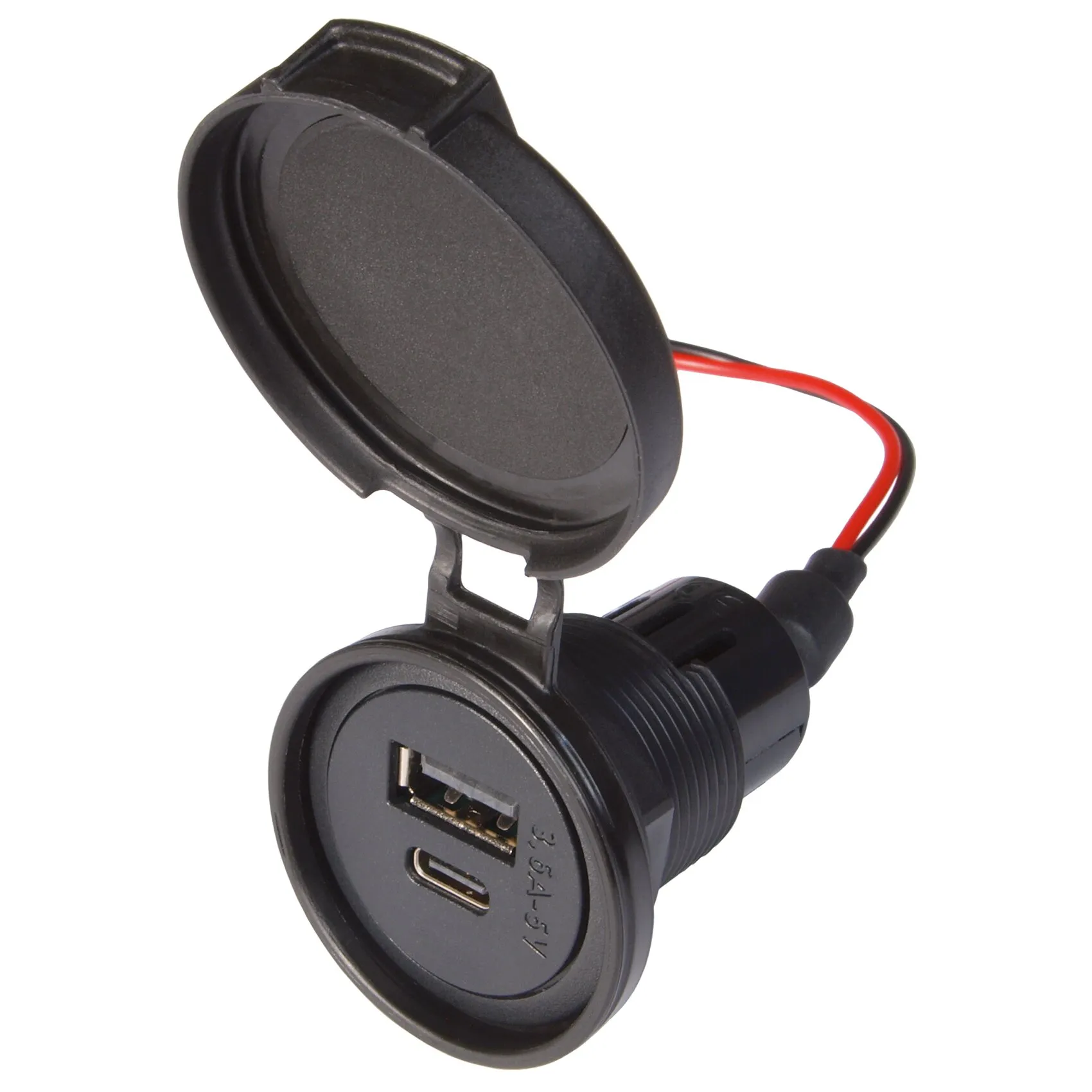 Schwarze Power-Doppelsteckdose mit geöffnetem Deckel, USB-A- und USB-C-Anschluss, rotem und schwarzem Anschlusskabel gegossen