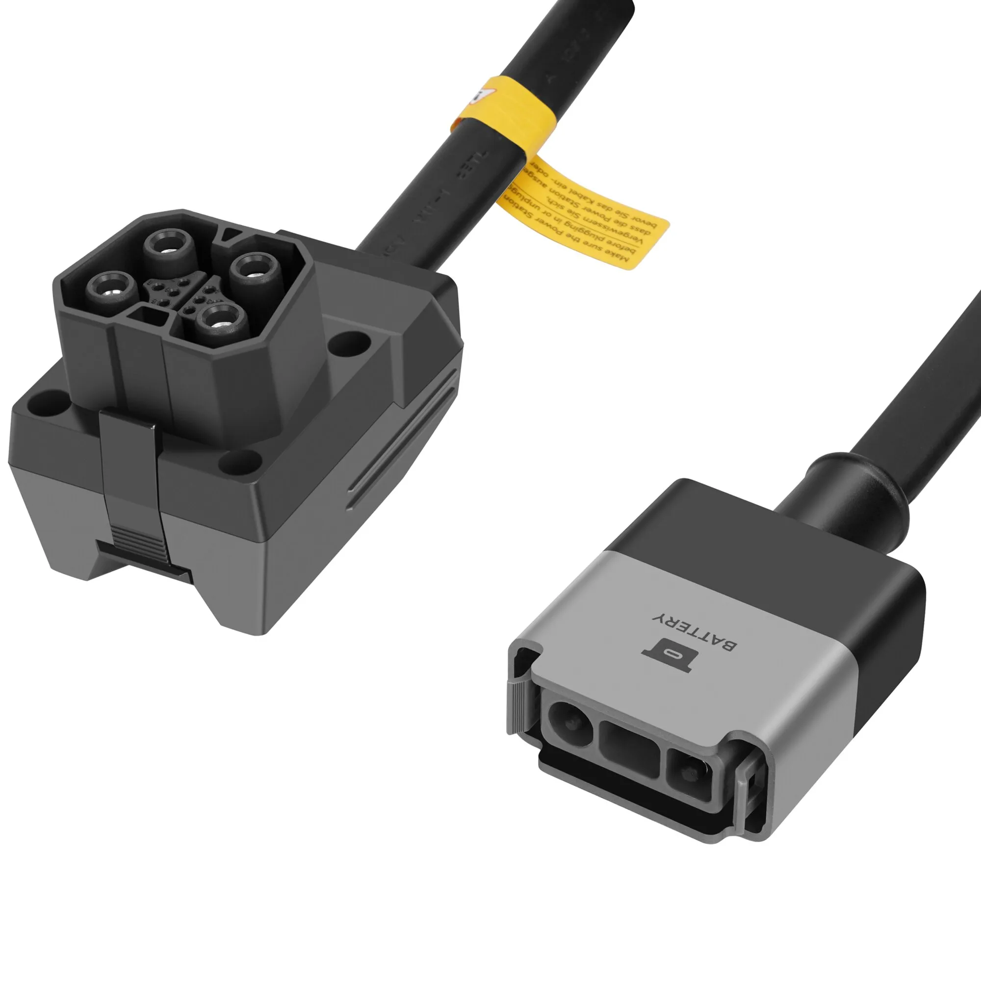 Schwarzes PowerStream-Kabel mit vierpoligem Anschluss für eine EcoFlow DELTA Pro Powerstation, Detailansicht der Steckergriffe