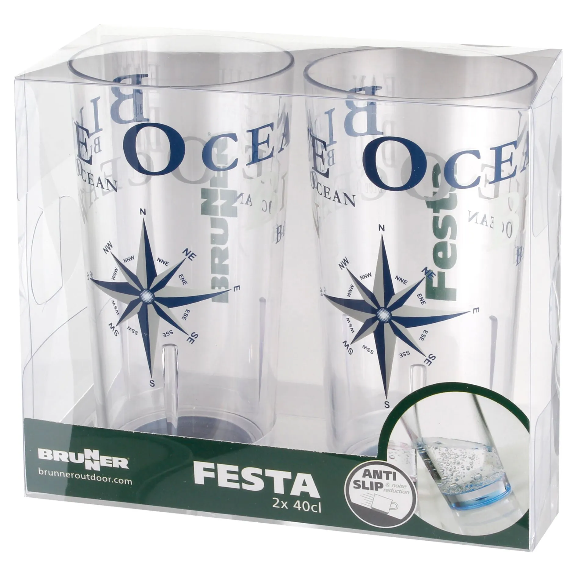 Zwei transparente Trinkgläser Blue Ocean mit Kompass- und Schriftdekor in Verpackung, 40 cl, von Brunner